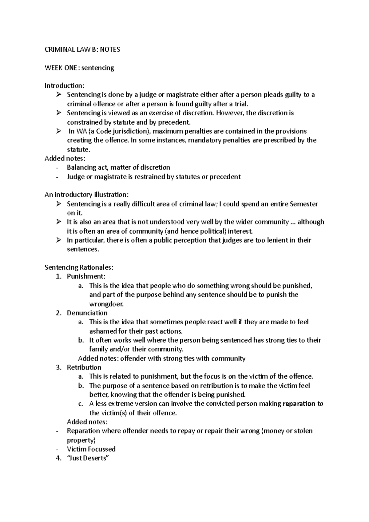 Criminal LAW B Notes - CRIMINAL LAW B: NOTES WEEK ONE: Sentencing ...