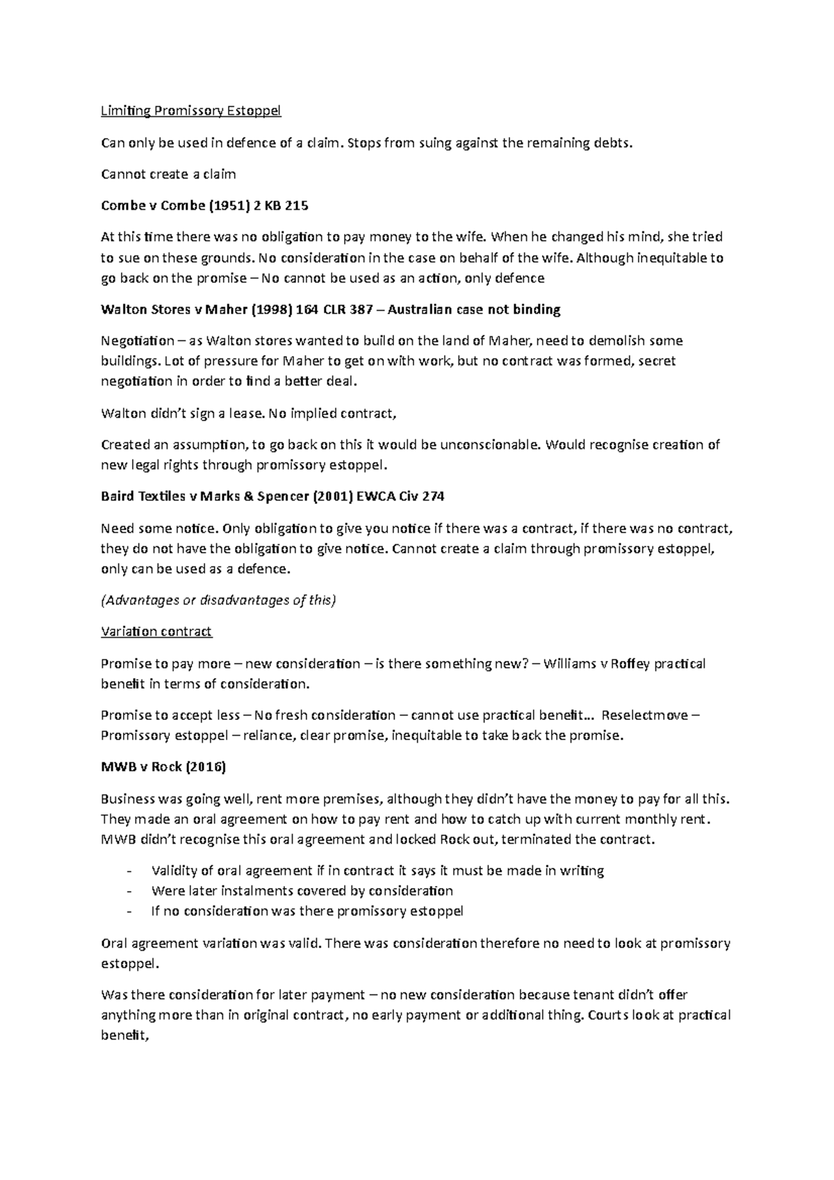 Lecture 8 Promissory Estoppel Limiting Promissory Estoppel Can only