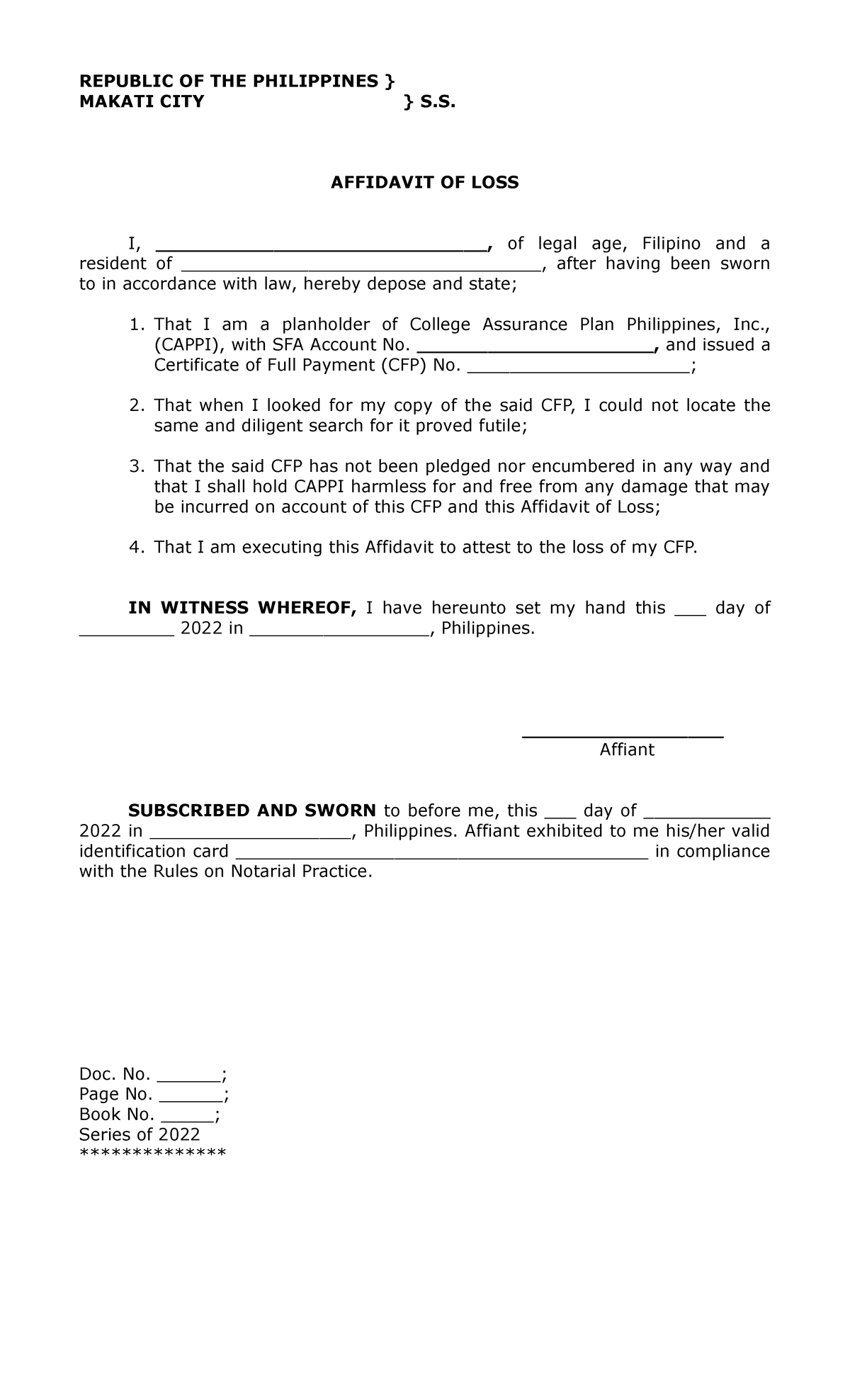 Affidavit of Loss for CFP - REPUBLIC OF THE PHILIPPINES } MAKATI CITY ...