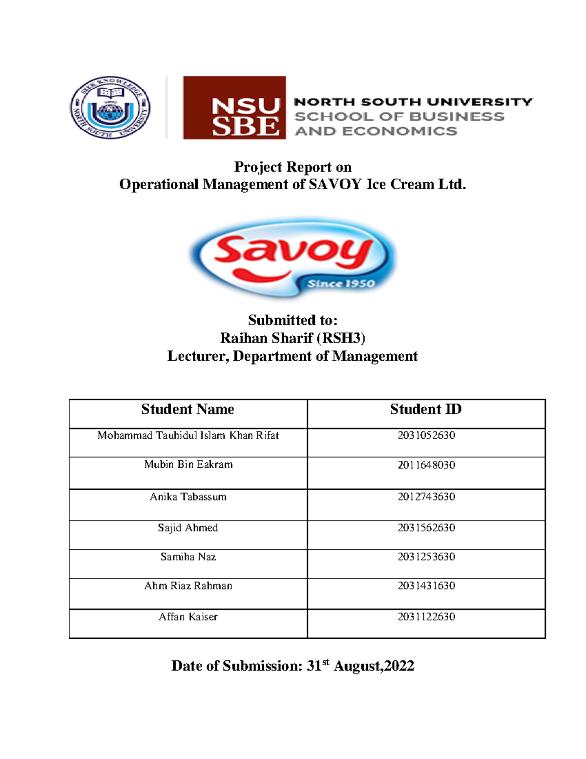 Savoy_Mgt314_RSH3 Project Report on Operational Management of SAVOY