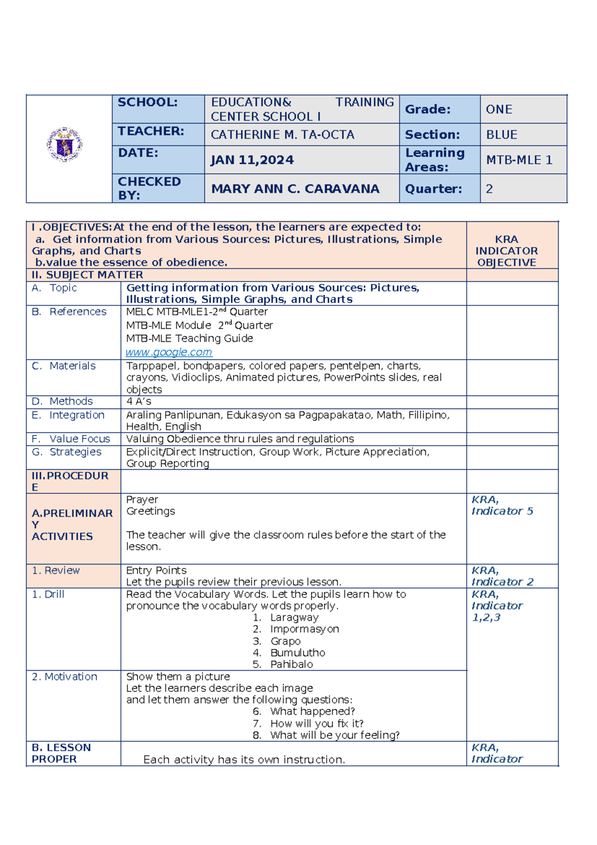 COT LP Q2 G1 MTB - COT LP Q2 G1 MTB - SCHOOL: EDUCATION& TRAINING ...