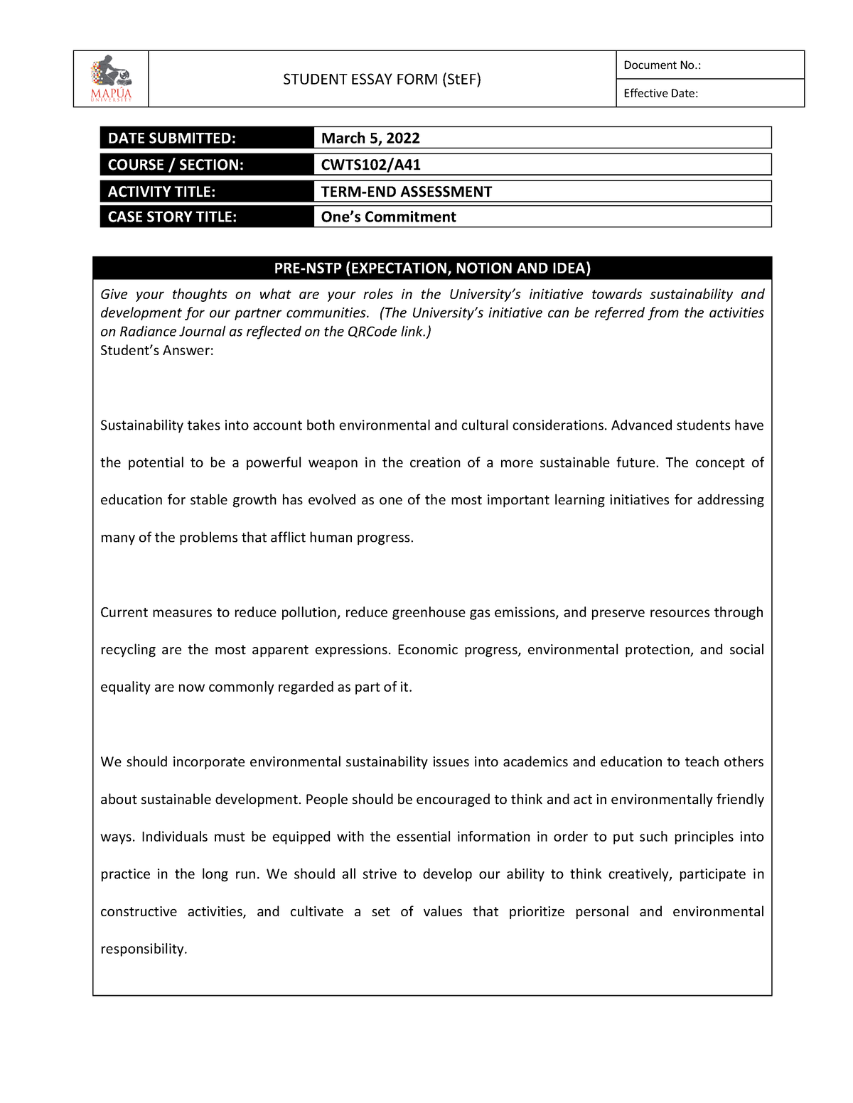 Form - CWTS102 Term-end Essay Part-1 (Auto Recovered) - STUDENT ESSAY ...