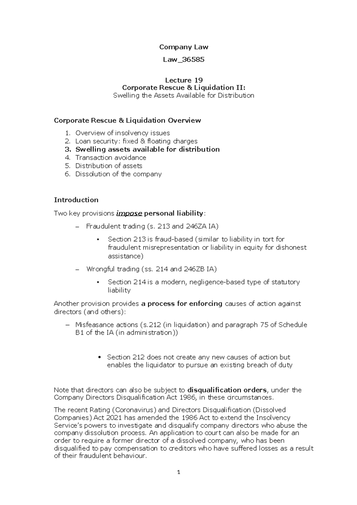 Lecture 19 Corporate Rescue & Liquidation II outline - Company Law Law ...