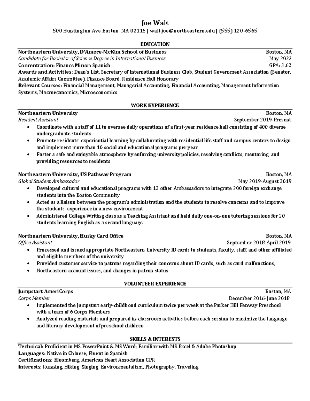 Sample Resume 3 lecture notes class2 - Joe Walt 500 Huntington Ave ...