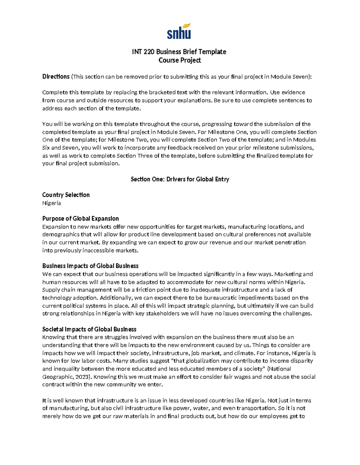 INT 220 Business Brief Part 1 INT 220 Business Brief Template Course