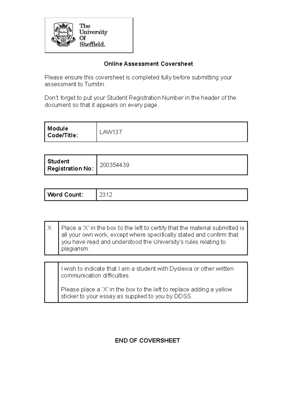 LAW 137 Property law assessment Online Assessment Coversheet Please