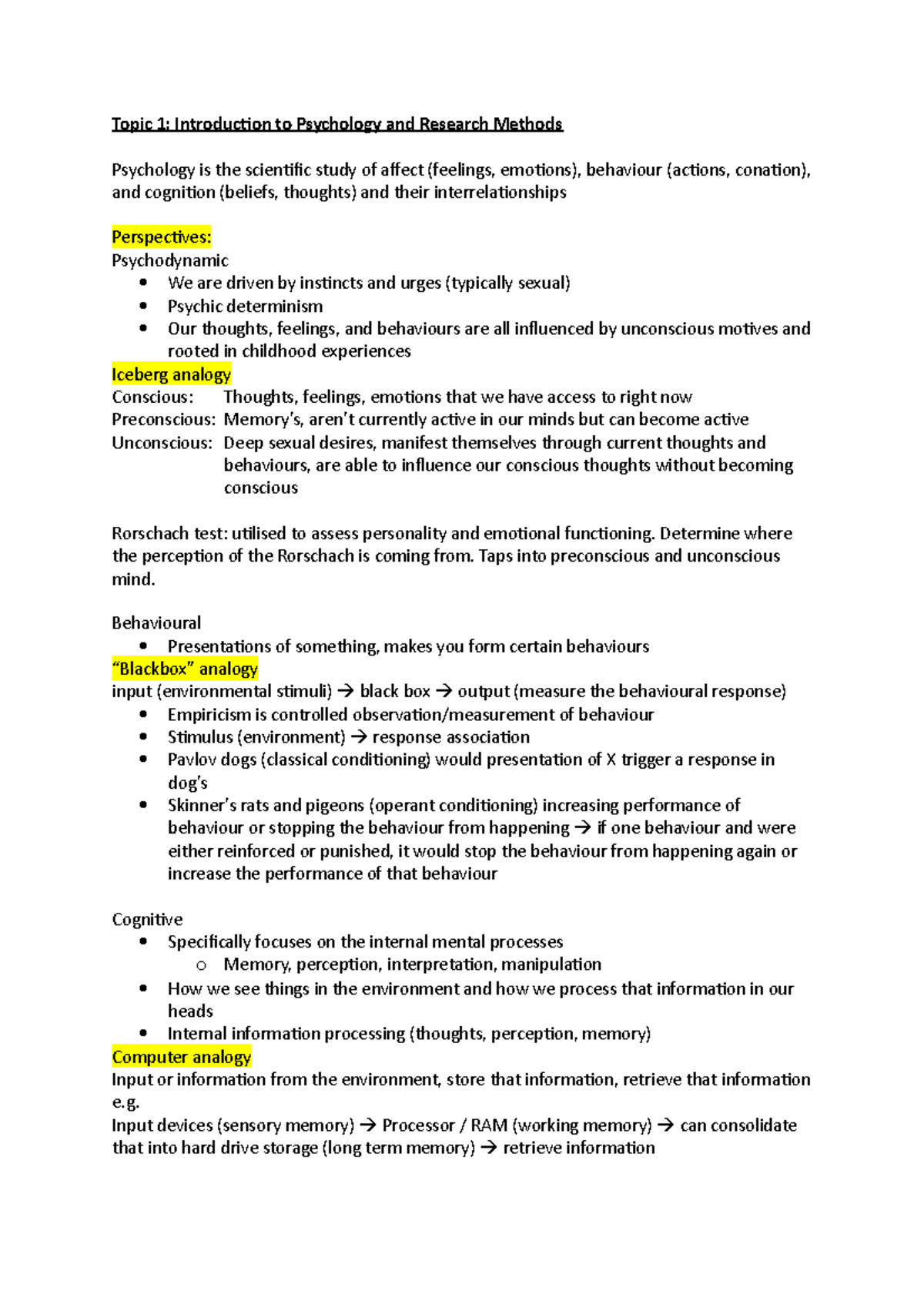 Lecture 1 notes - Topic 1: Introduction to Psychology and Research ...