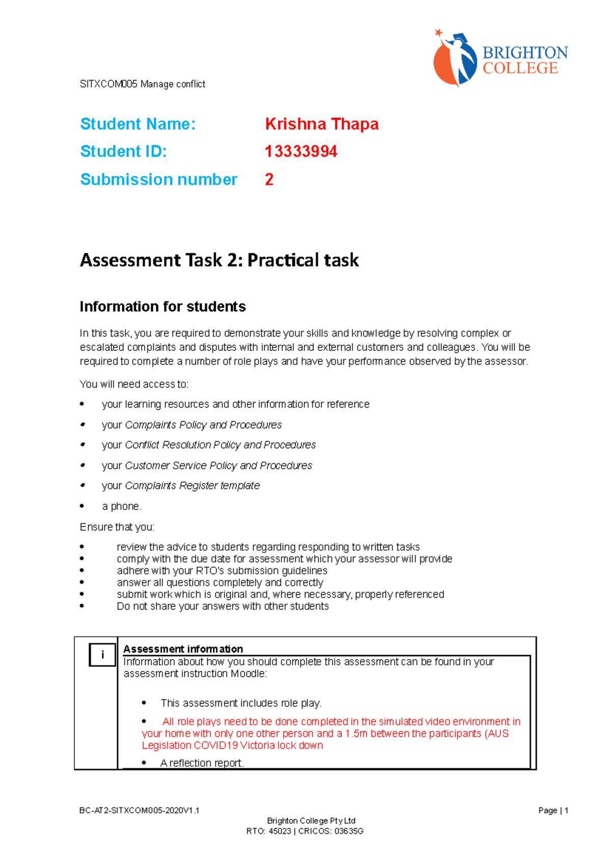 Sitxcom 005 [Krishna Thapa 13333994 ] AT2 Practical Task - Student Name ...