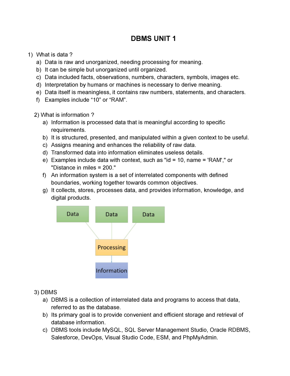 DBMS UNIT 1 - DBMS UNIT 1 What Is Data? A) Data Is Raw And Unorganized ...