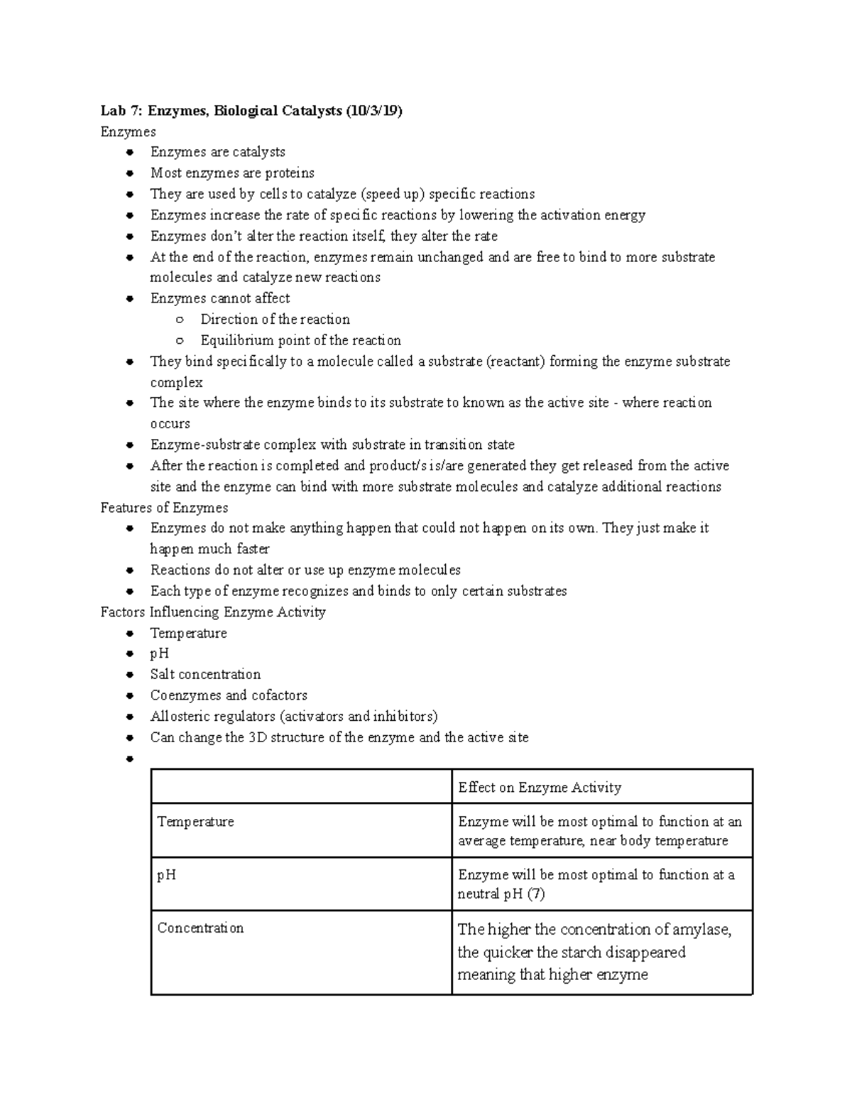 Bio Lab Exam 2 Review Notes Lab 7 Enzymes, Biological Catalysts (10/3/19) Enzymes Enzymes