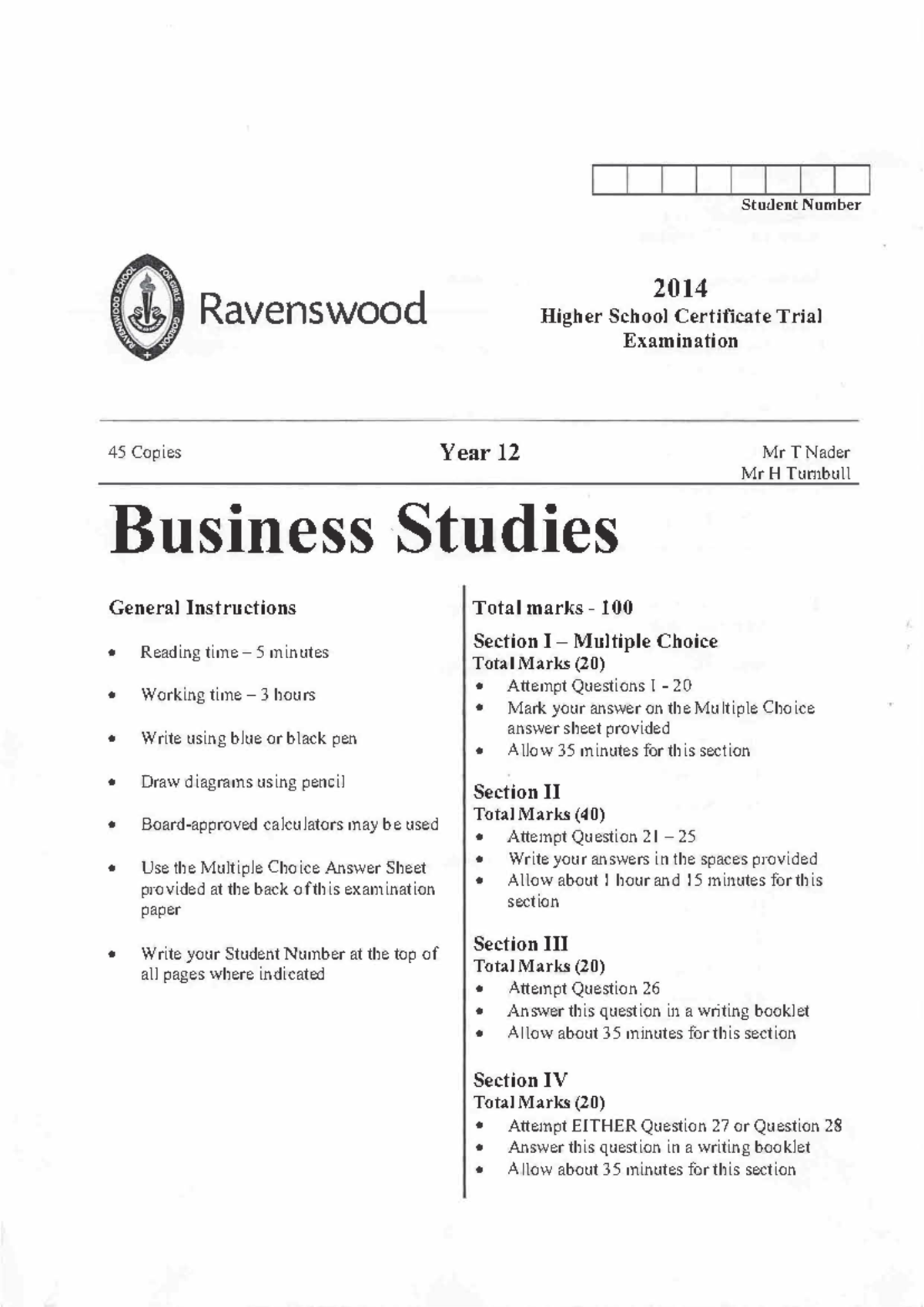 HSC BUSINESS STUDIES - PAST PAPER (2014) - Ravenswood Student Number ...