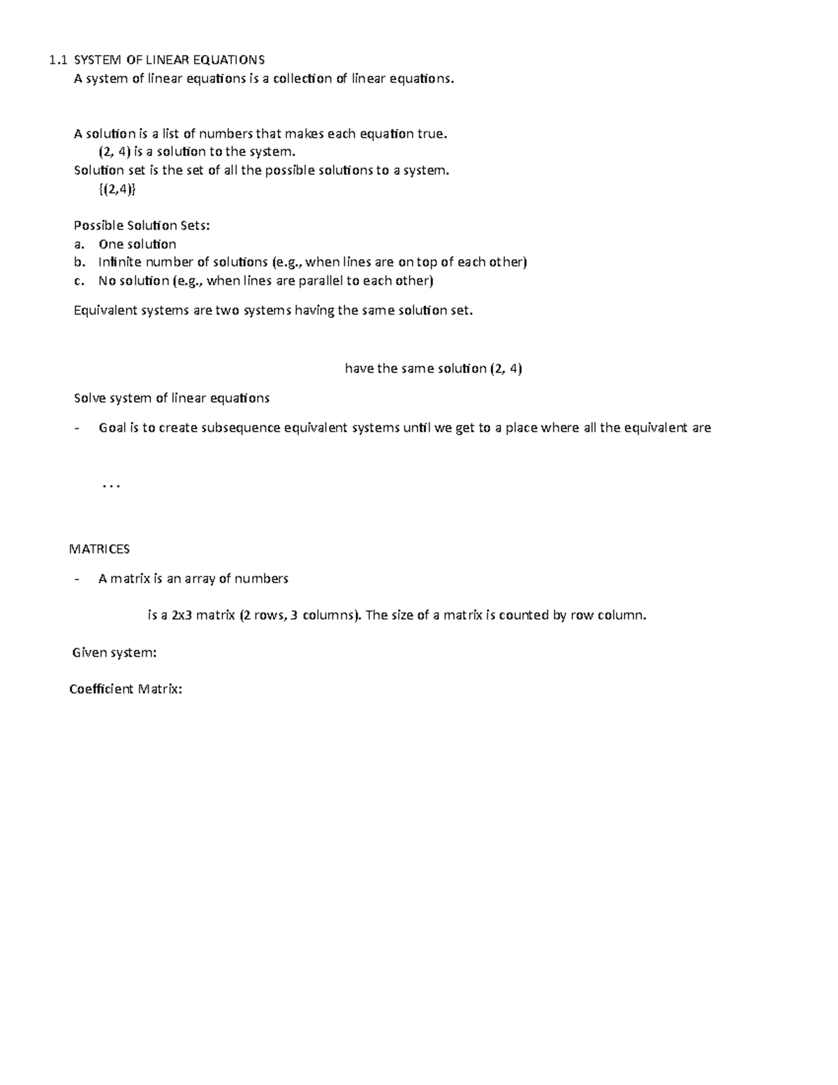 Handout math149 1 SYSTEM OF LINEAR EQUATIONS A system of linear