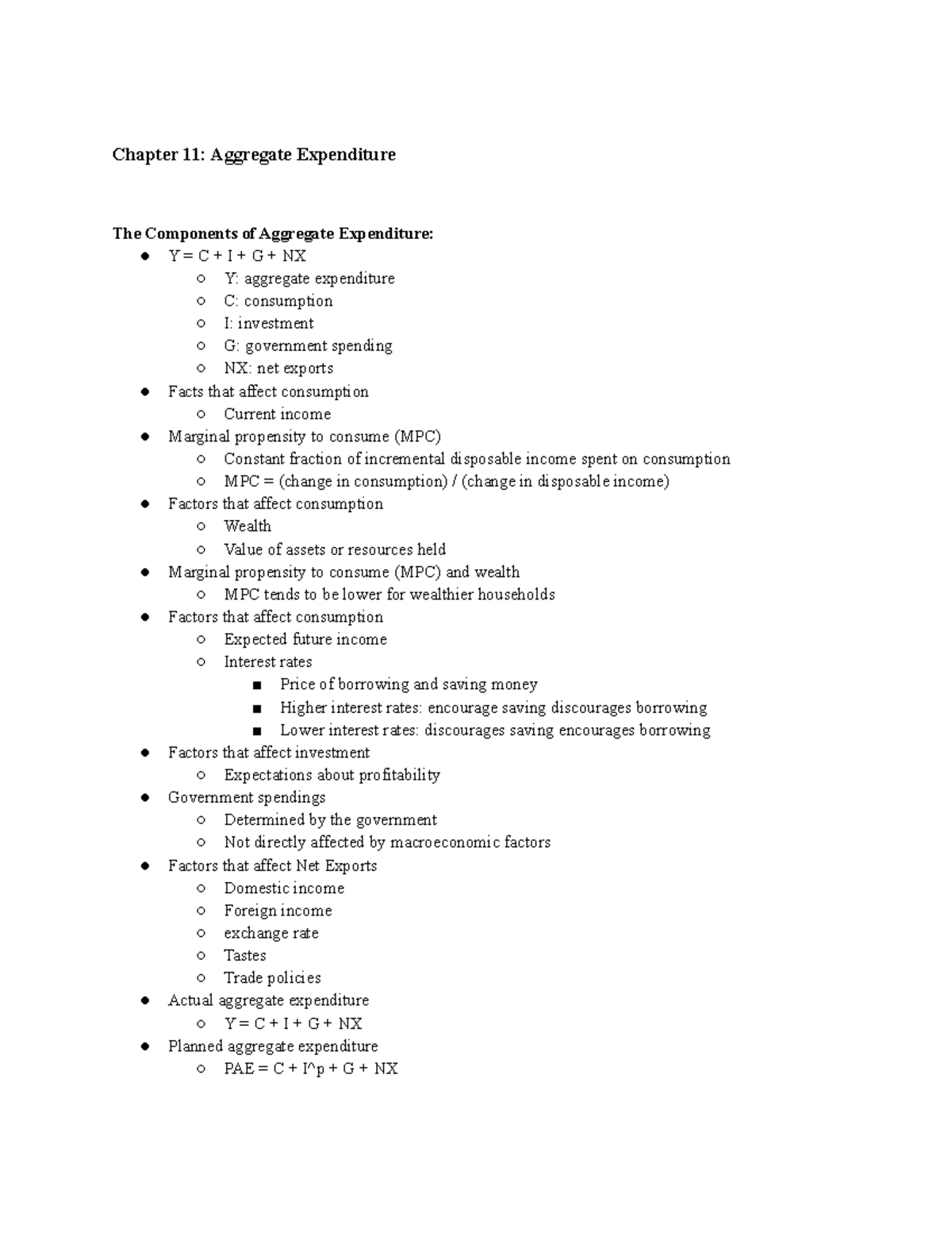 ECO1102 Study Notes Ch 11 - Chapter 11: Aggregate Expenditure The ...