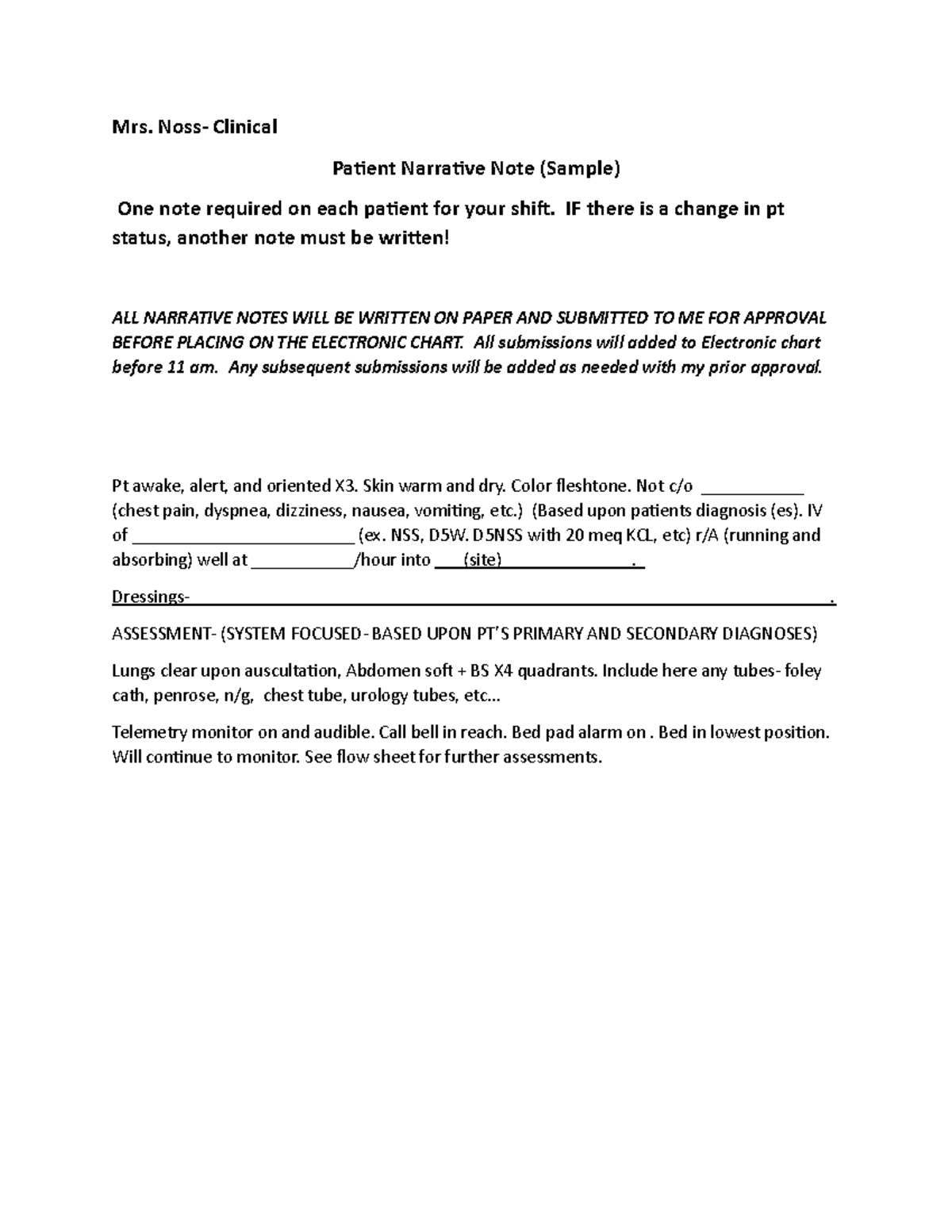 Sample narrative note Mrs. Noss Clinical Paient Narraive Note