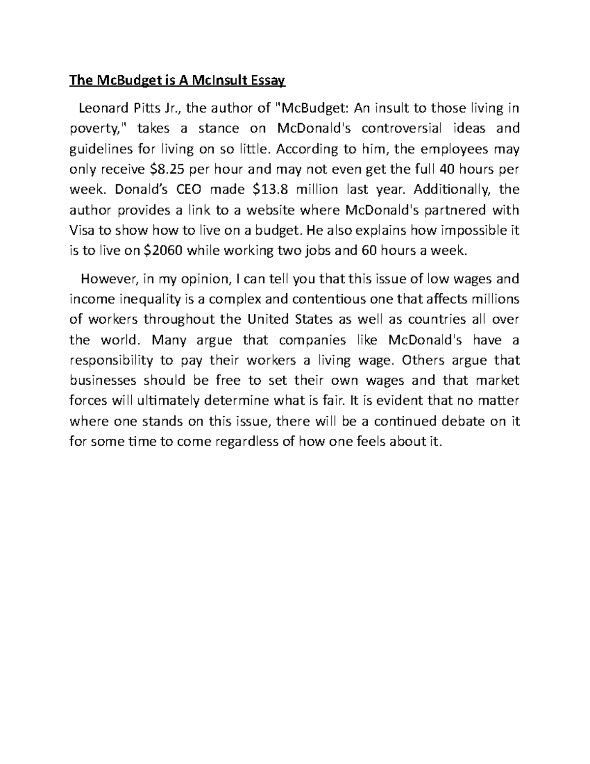 Document 5 lk;klk;k;k The McBudget is A McInsult Essay Leonard Pitts Jr., the author of