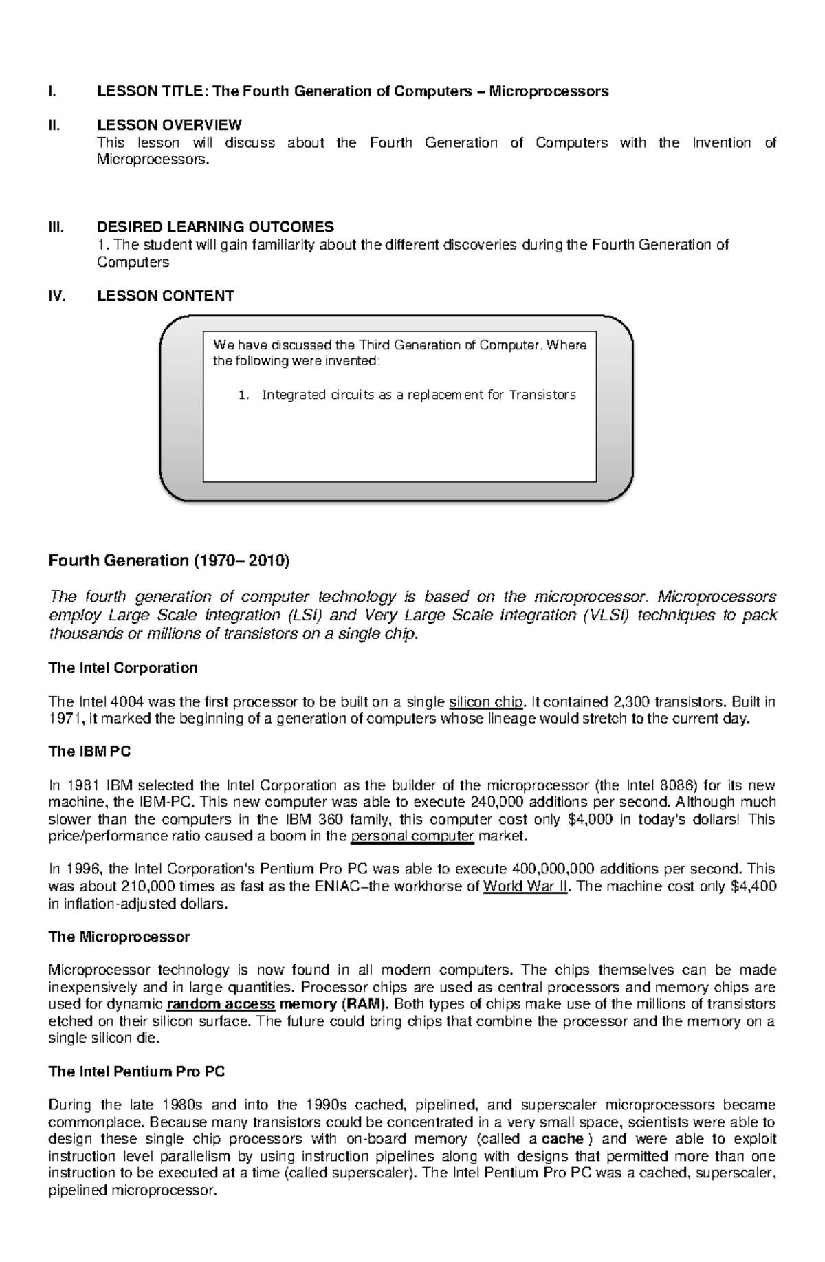 The Fourth Generation of Computers – Microprocessors - I. LESSON TITLE ...