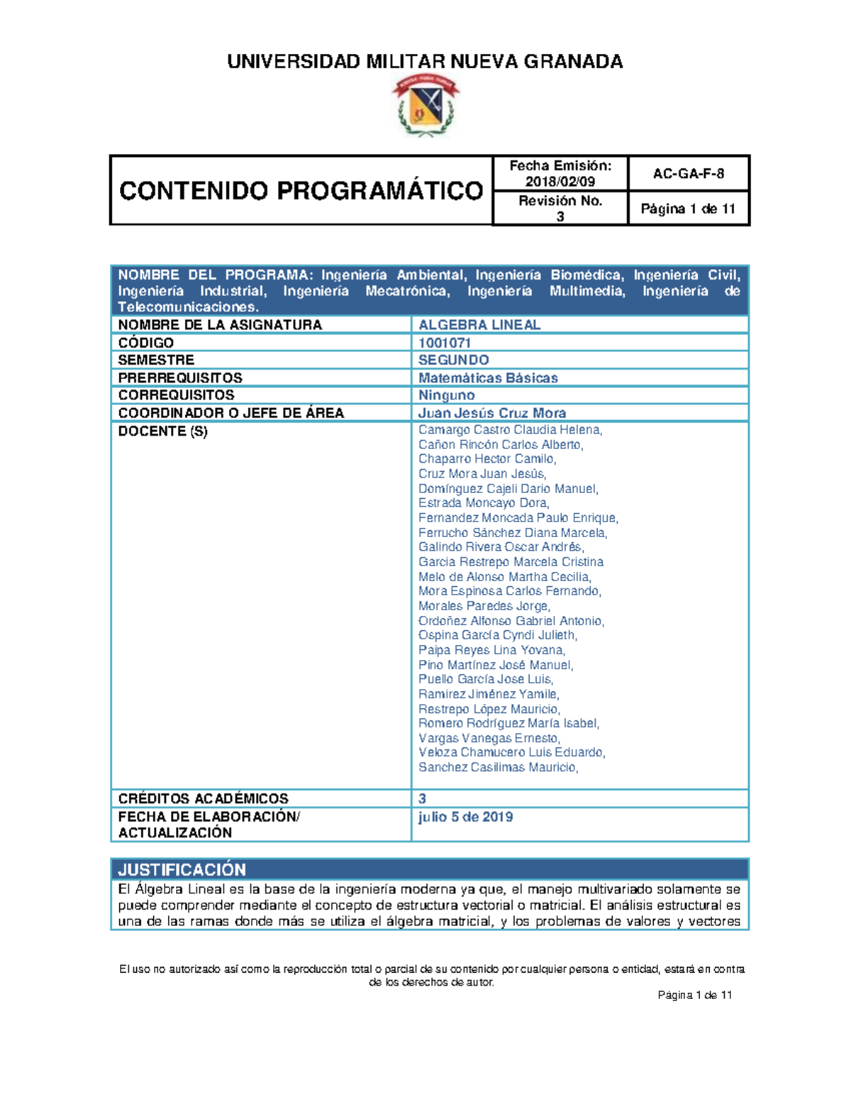 Algebra+ Lineal++ Ingenierias+2019-2 - CONTENIDO PROGRAMÁTICO Fecha ...