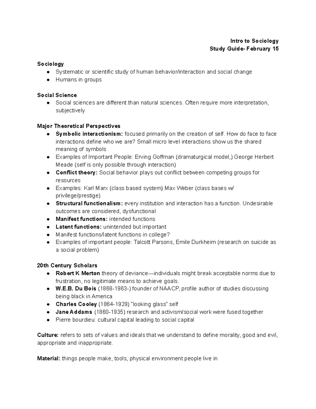 Sociology notes - Intro to Sociology Study Guide- February 15 Sociology ...