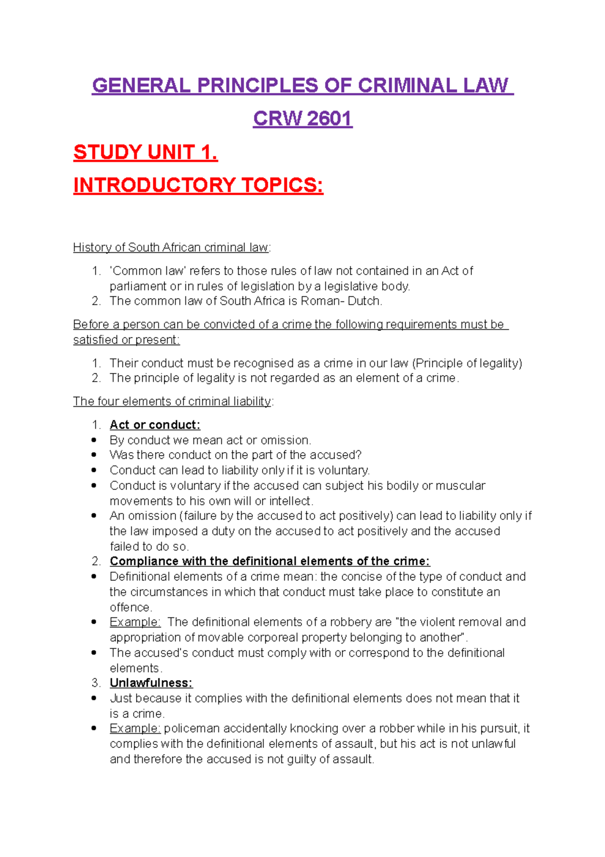 CRW 2601 Notes - GENERAL PRINCIPLES OF CRIMINAL LAW CRW 2601 STUDY UNIT ...