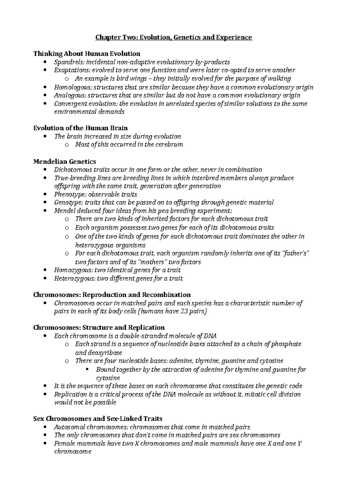 PYB304 Ch 2 & 3 Textbook Notes - Chapter Two: Evolution, Genetics and ...