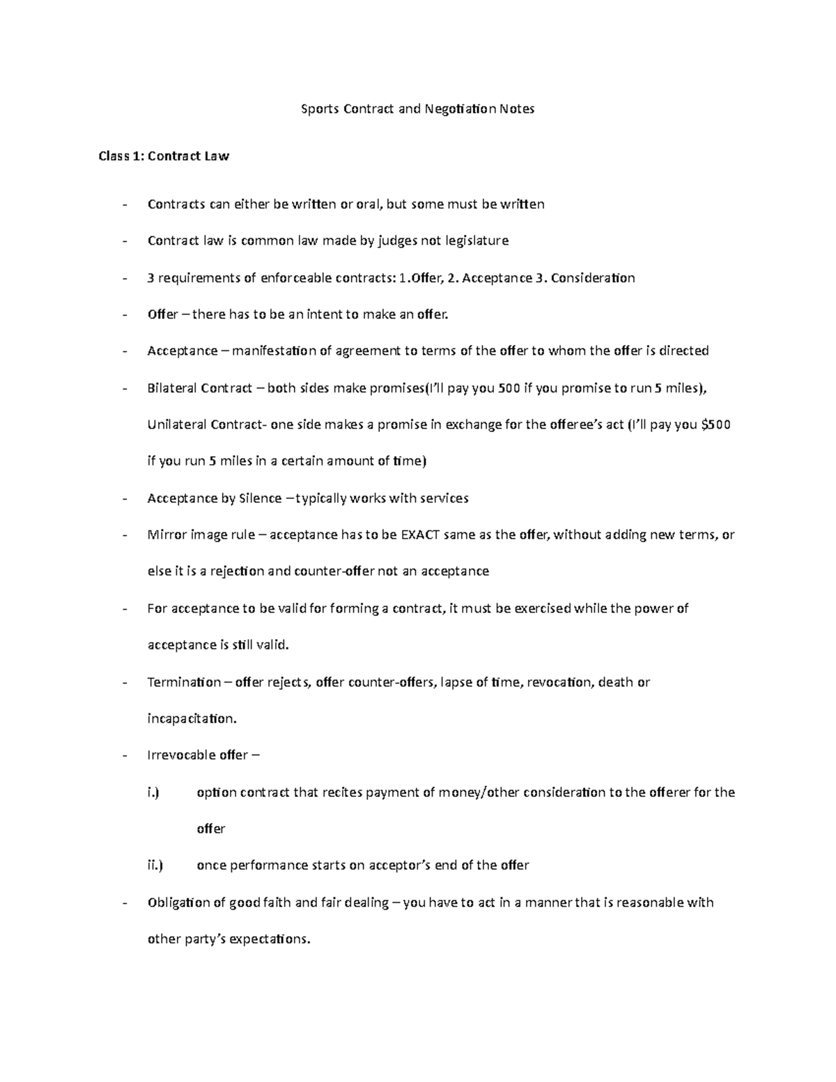 Sports Contract and Negotiation Notes Acceptance 3. Consideration Offer there has to be an