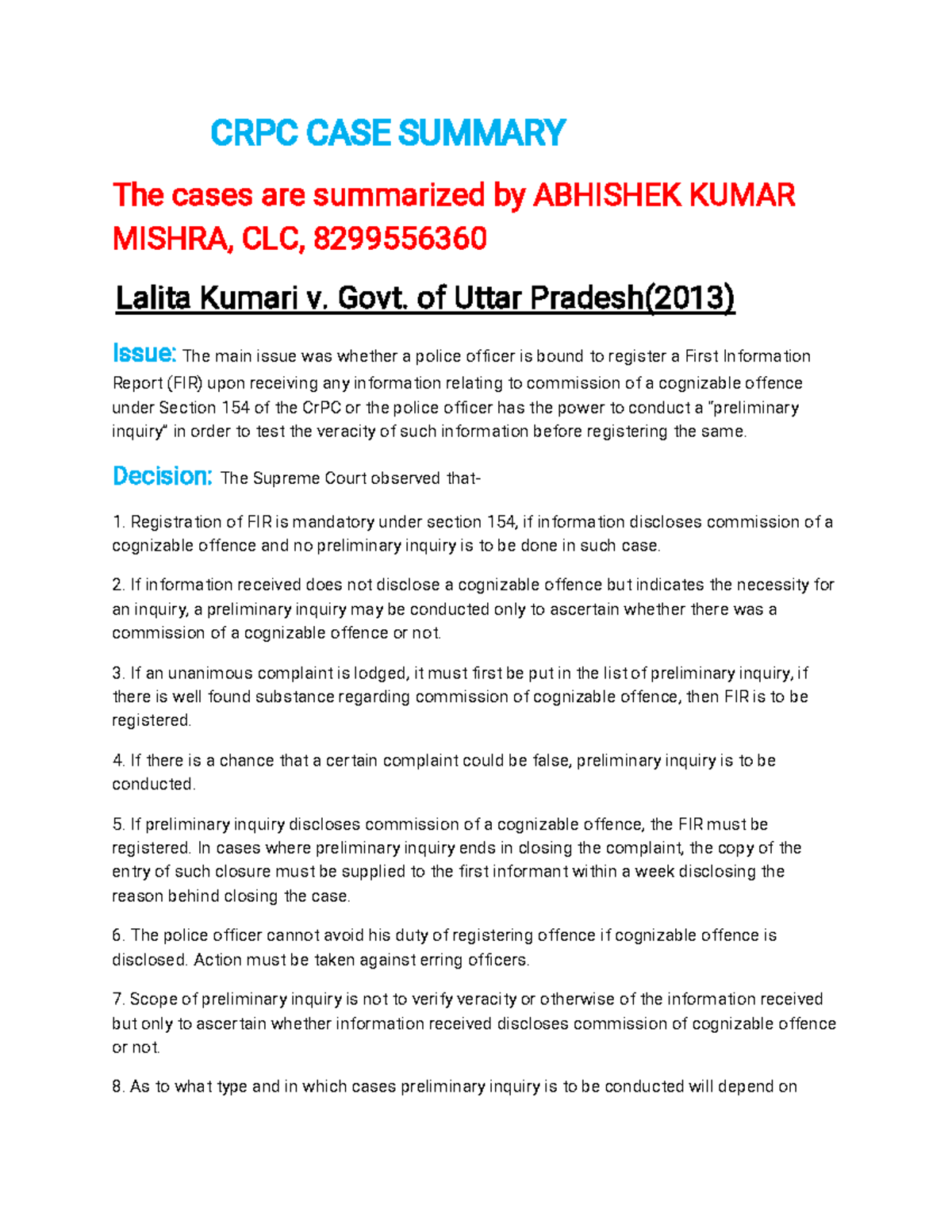 CRPC Short CASE Summary C R P C C A S E S U M M A R Y T h e c a s e s