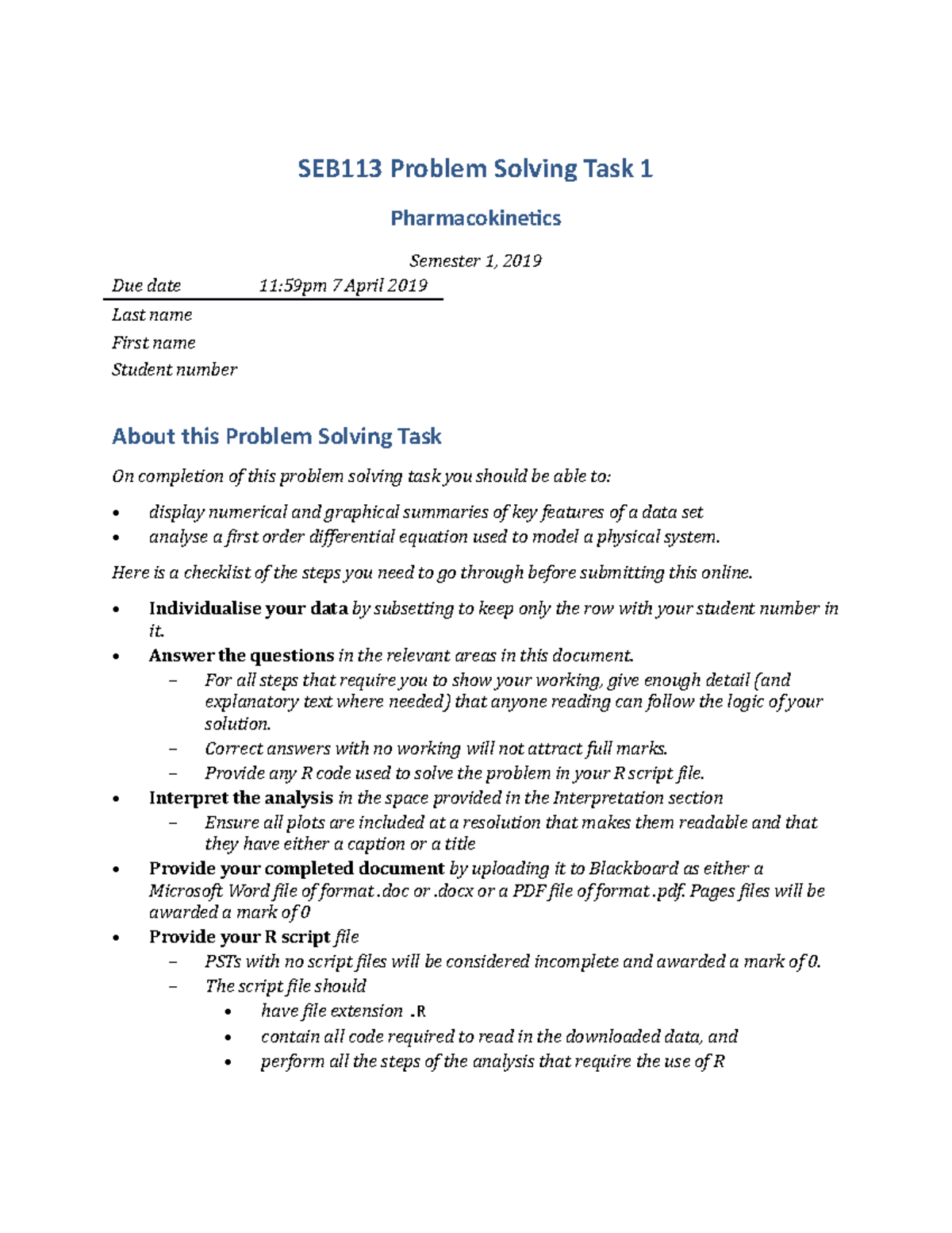 PST1 - asd - SEB113 Problem Solving Task 1 Pharmacokinetics Semester 1 ...