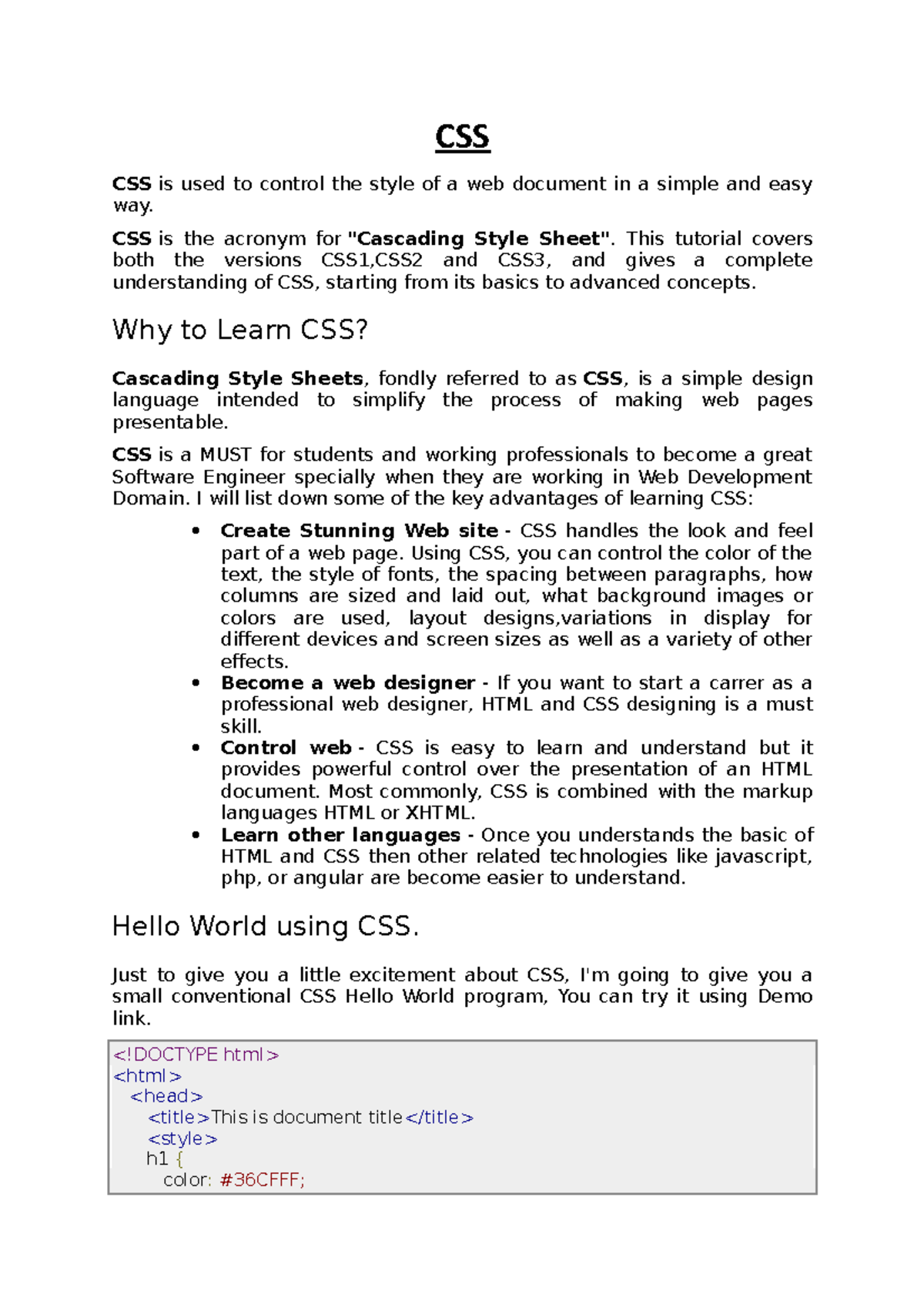 Unit-1 L4 - notes - CSS CSS is used to control the style of a web ...