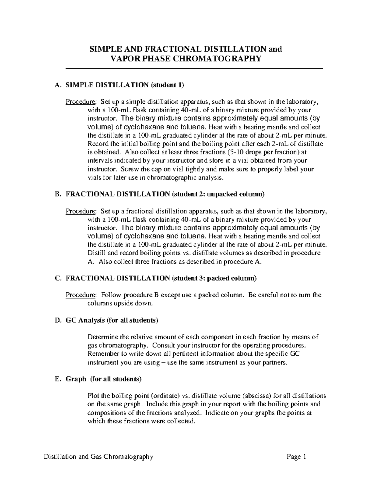 242L Exp 3 Distillation Distillation and Gas Chromatography Page 1 SIMPLE AND FRACTIONAL