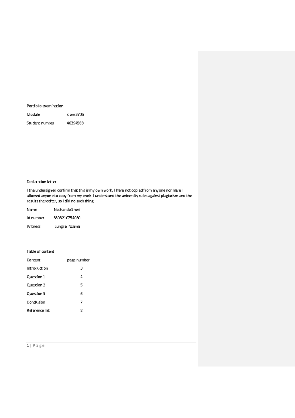 Com 3705 portfolio completed - Portfolio examination Module Com 3705 ...