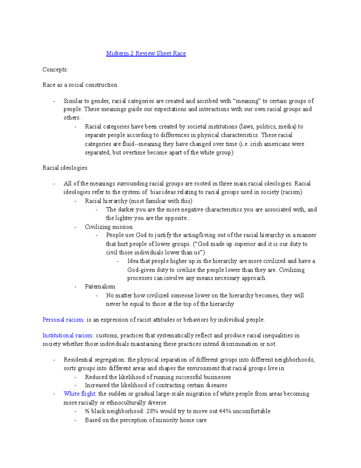 Midterm 2 review Sheet Race - Midterm 2 Review Sheet Race Concepts ...