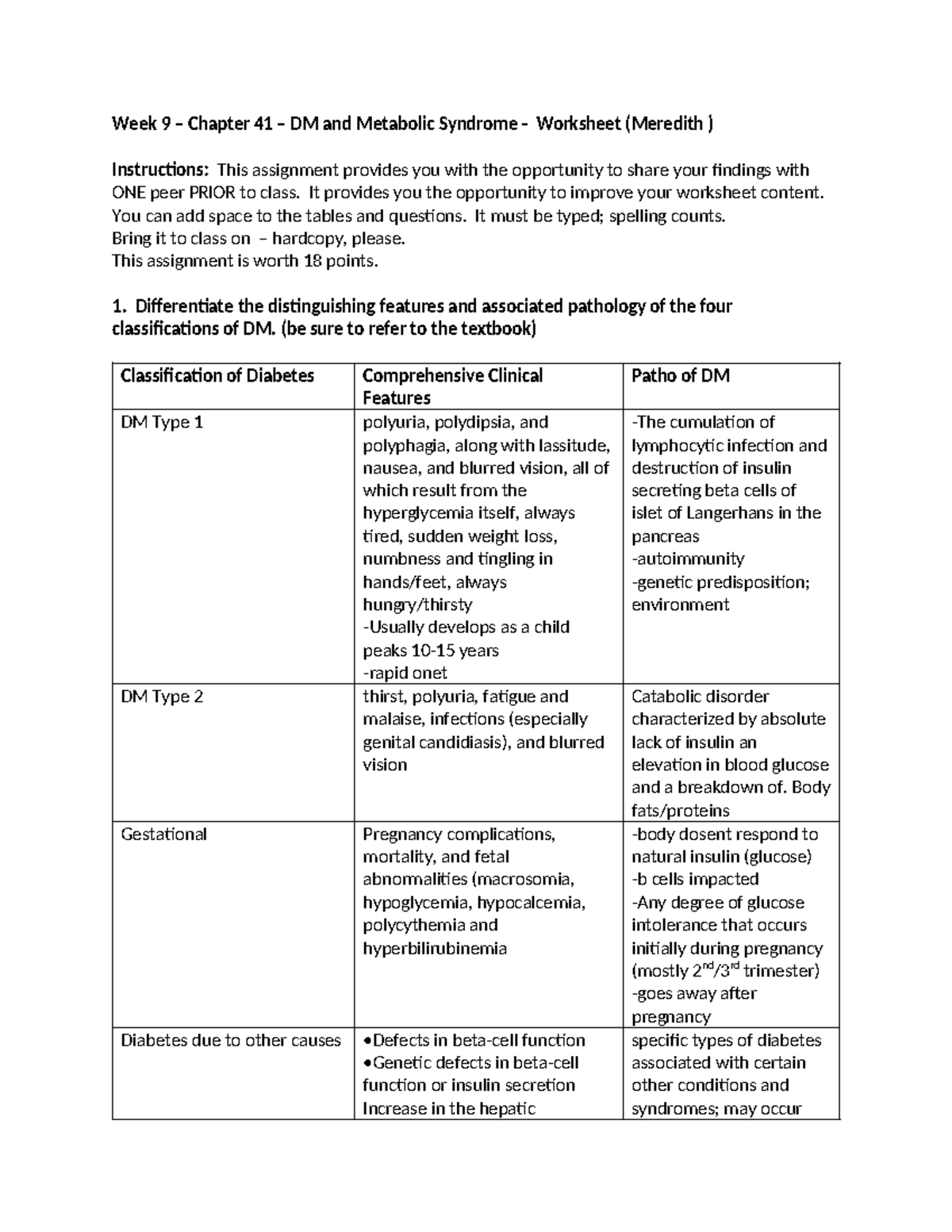 Week 8 CH 41 Diabetes Worksheet - Week 9 – Chapter 41 – DM and ...