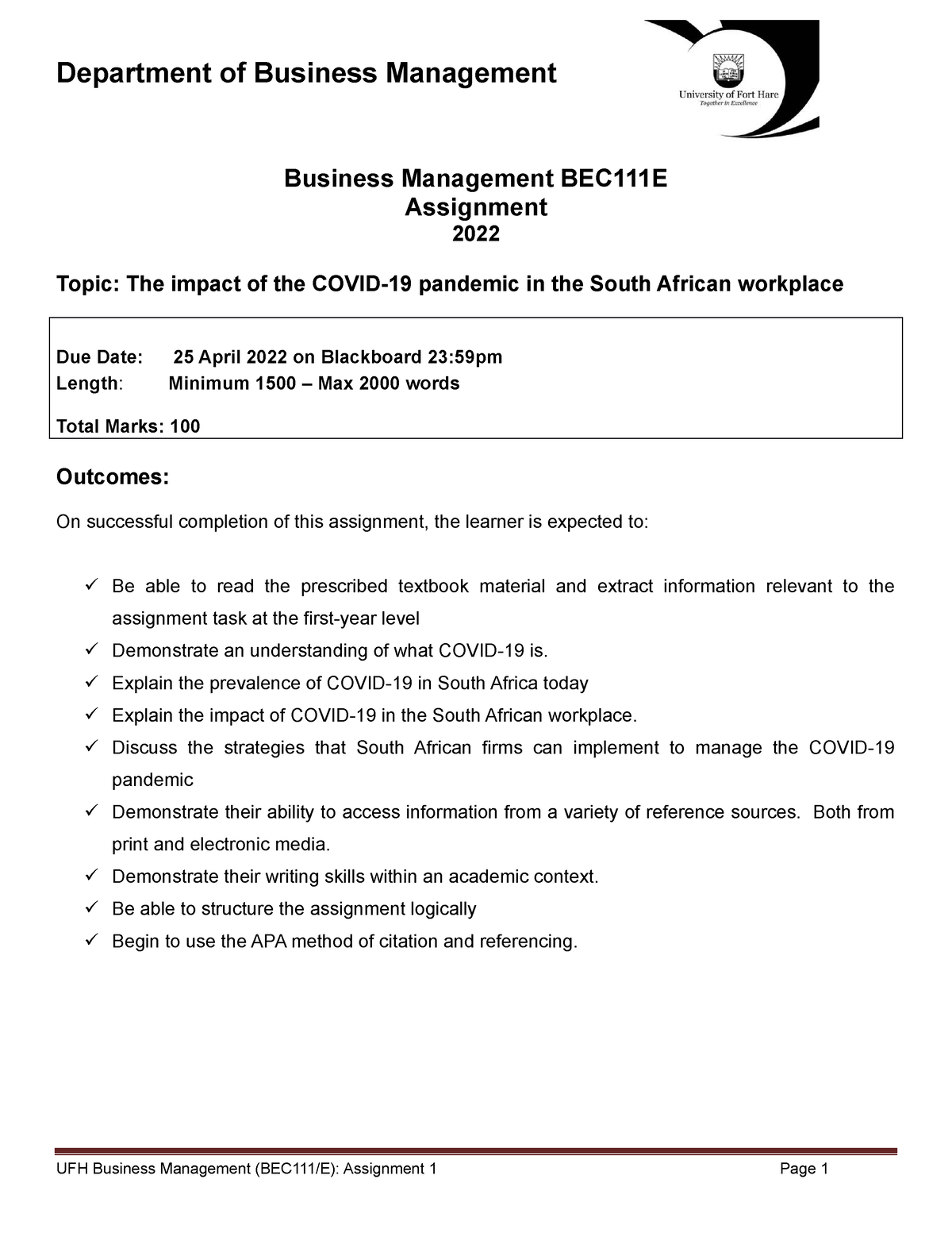 Assignment BEC111 Covid-19 - Business Management BEC111E Assignment ...