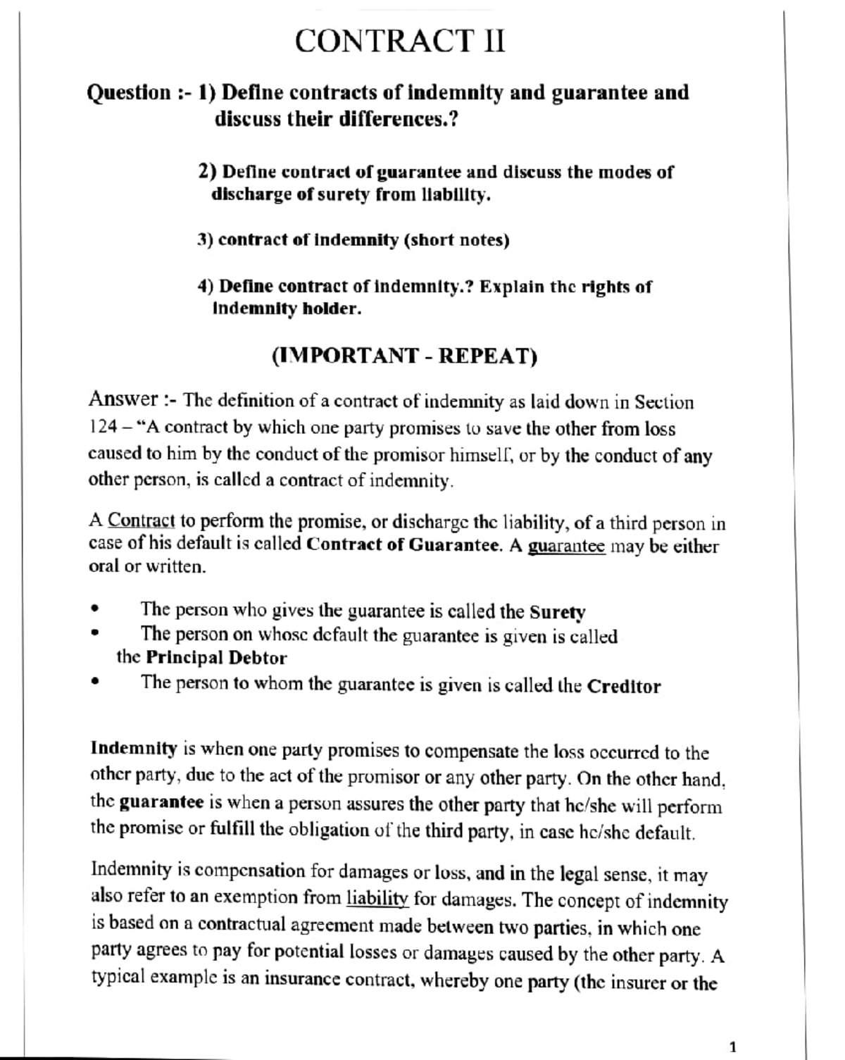 Contract 2 repeated questions - Exam pattern - Studocu