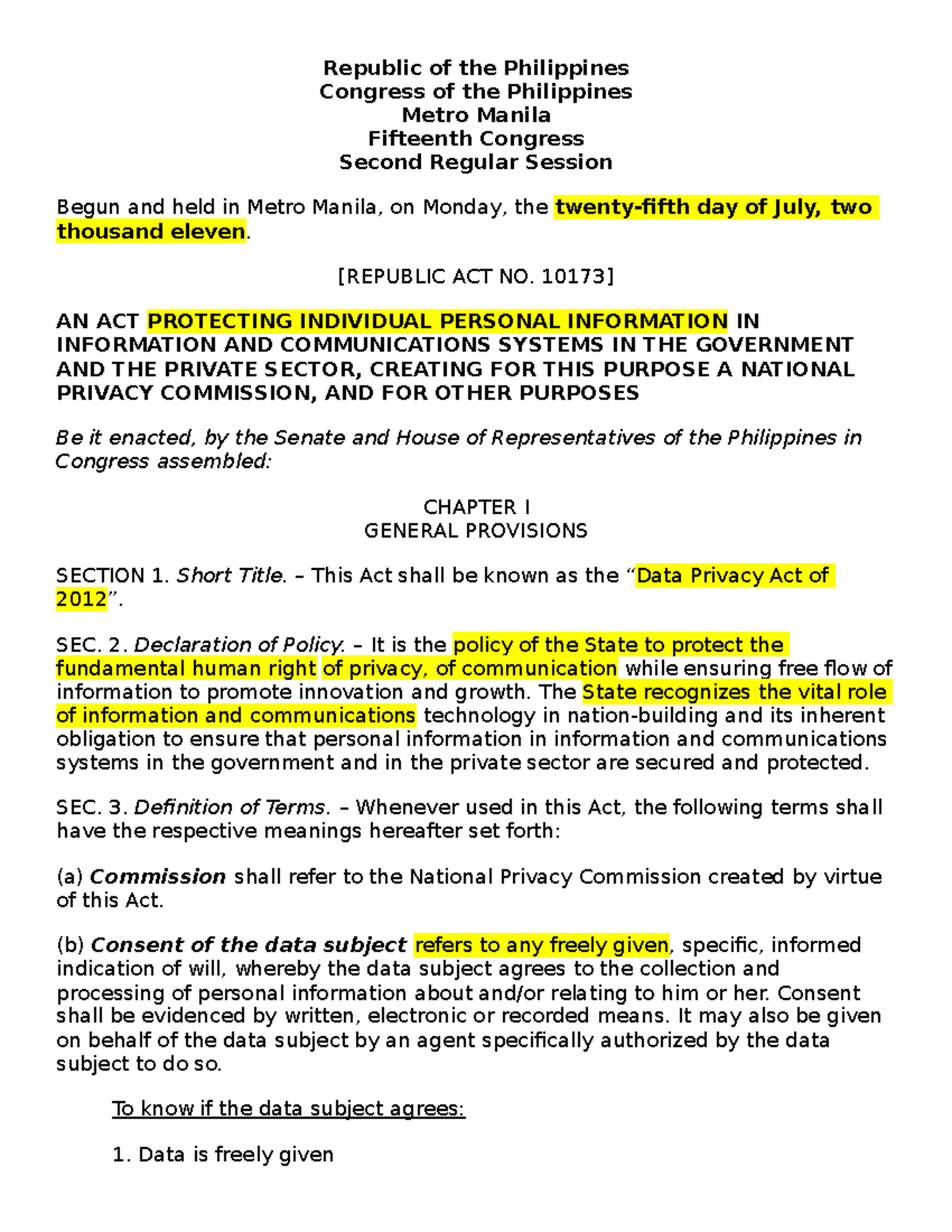 Dataaaa Prvacy Act Of 2012 - Republic Of The Philippines Congress Of 