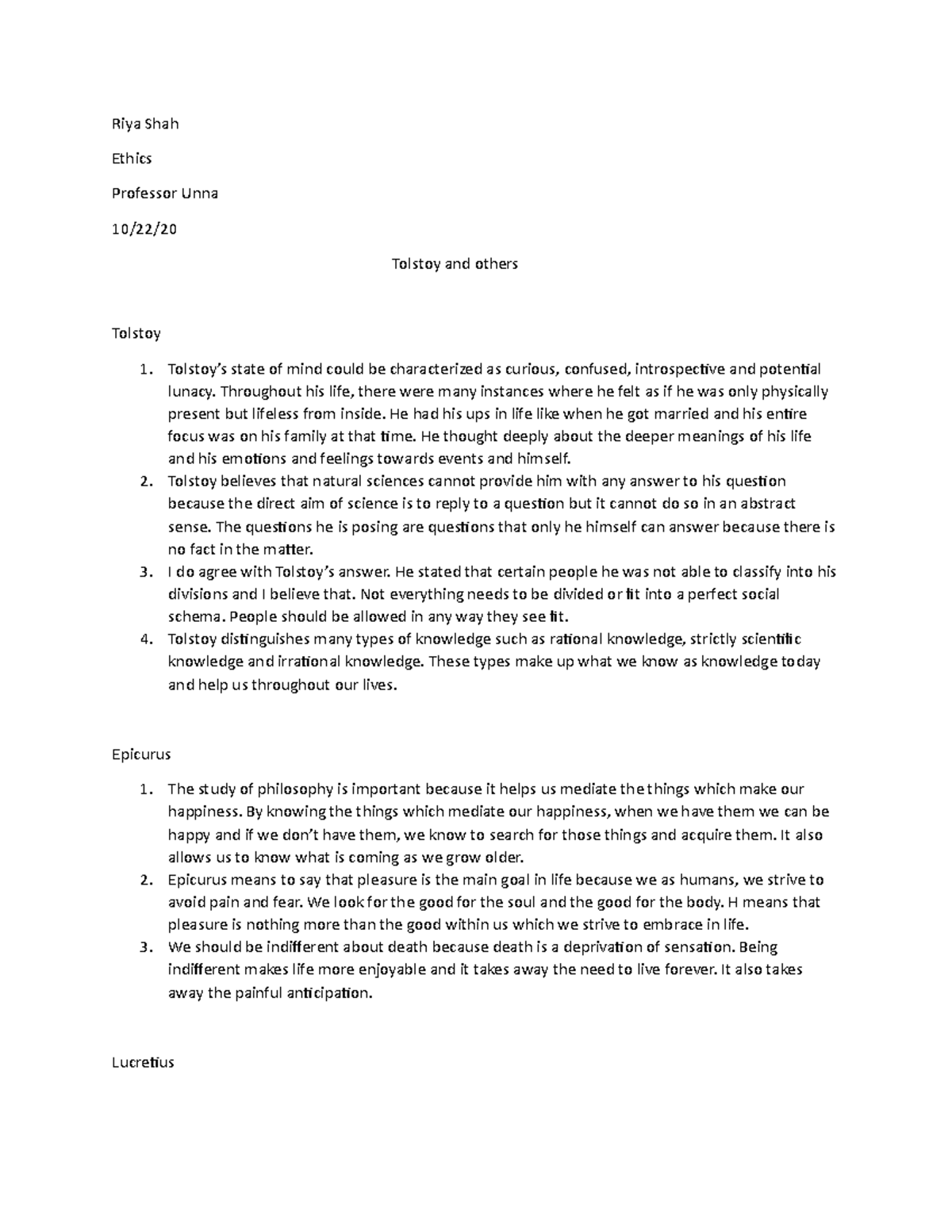Ethics of Tolstoy Epicurus Lucretius and Parfit Studocu