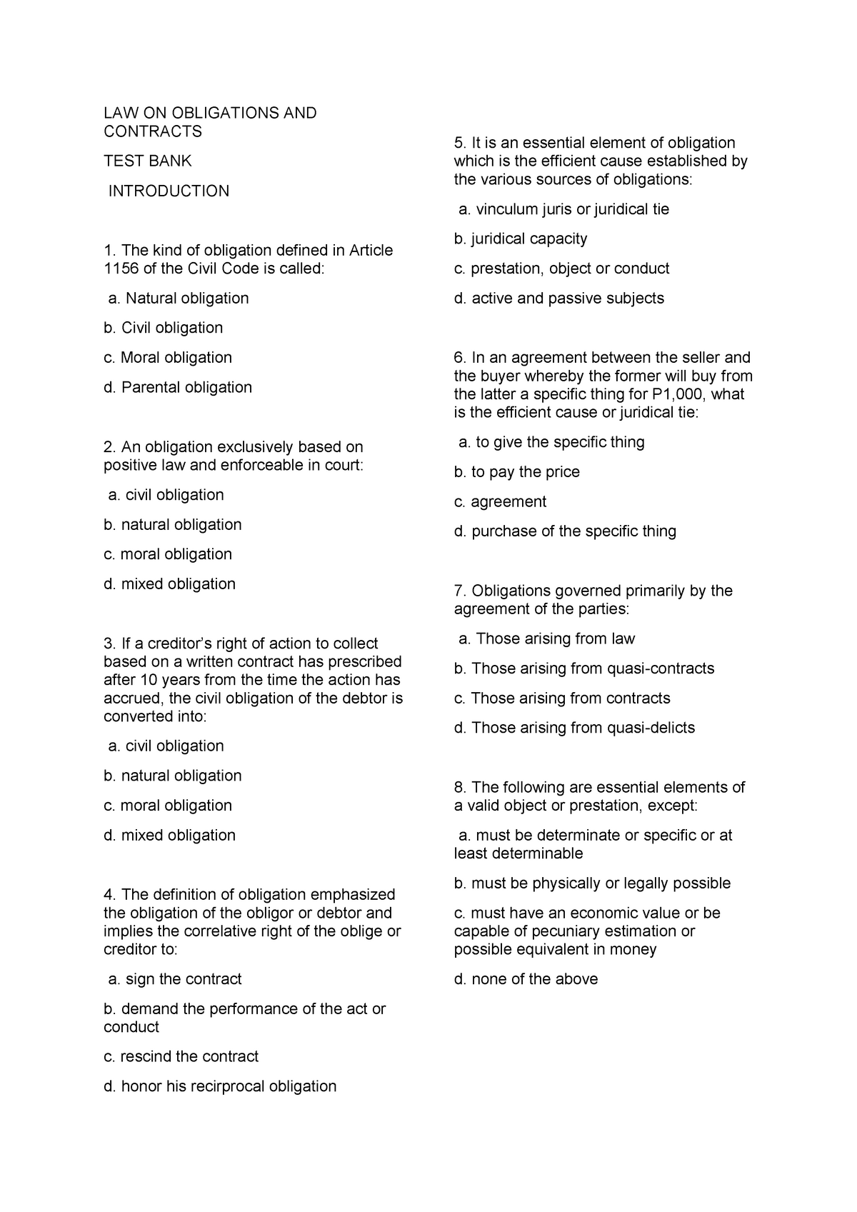 Law On Obligation And Contracts Practice Set - LAW ON OBLIGATIONS AND ...