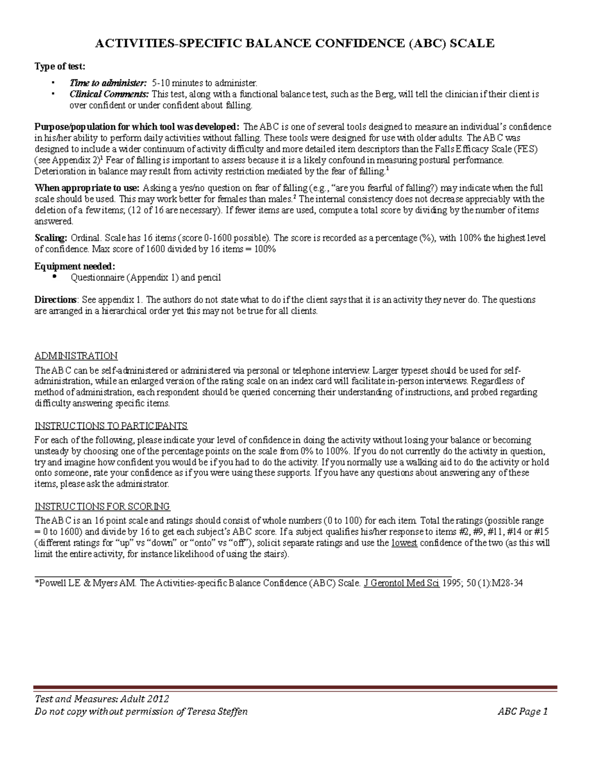 Activities specific balance scale nov 5 2012printing Type of test