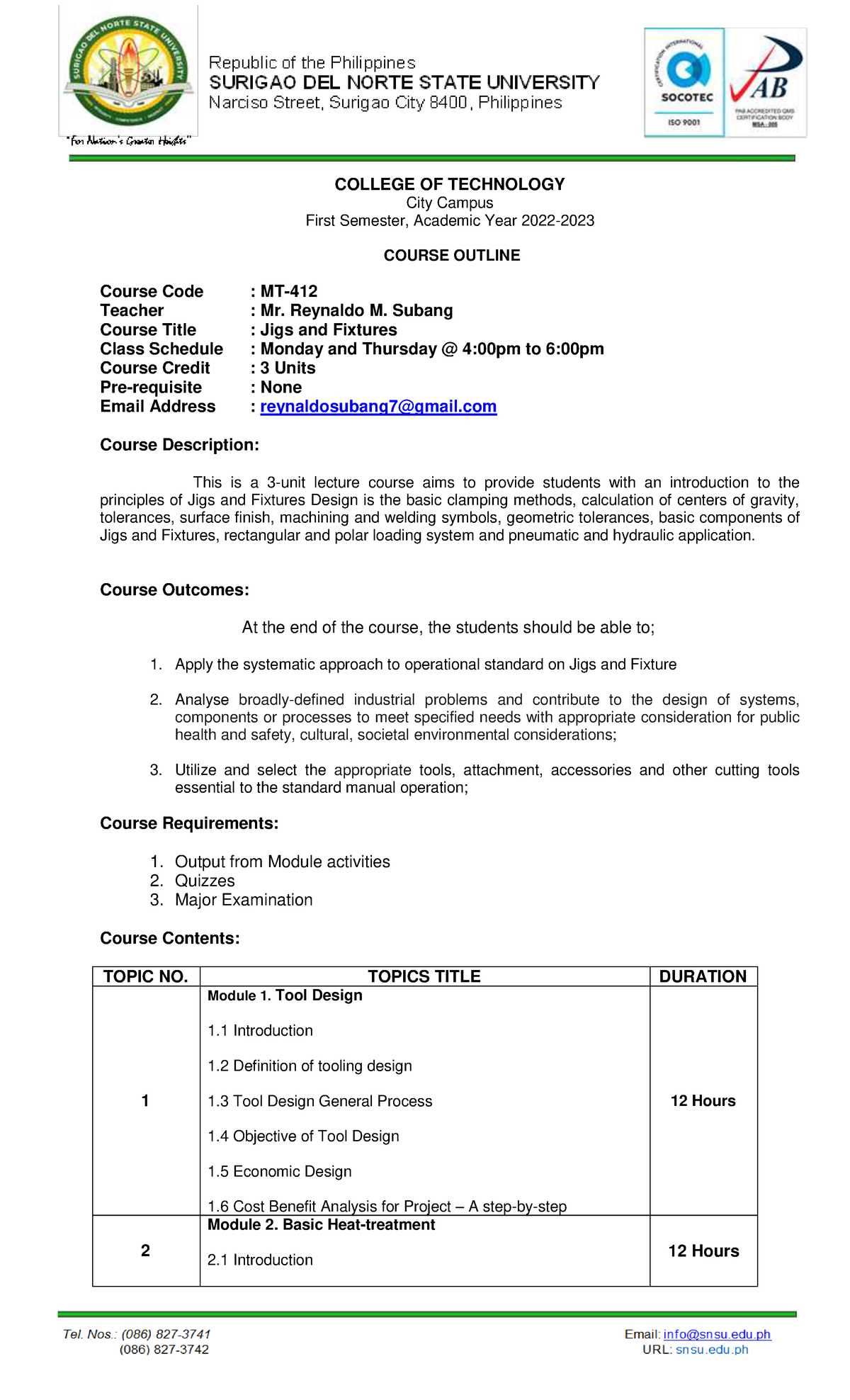 MT 412 Course Outline - gdhsb - COLLEGE OF TECHNOLOGY City Campus First ...