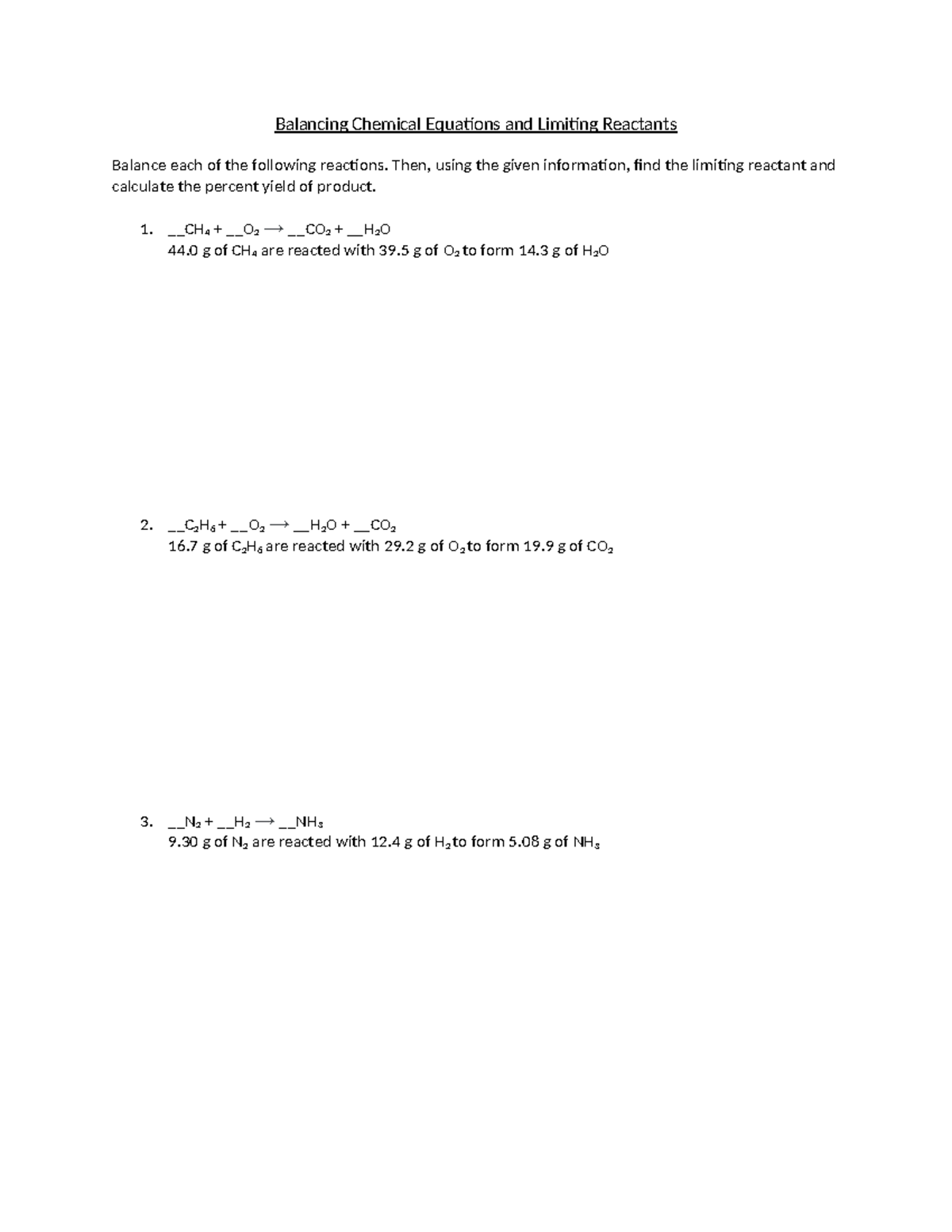 Stoichiometry Worksheet - Balancing Chemical Equations and Limiting ...