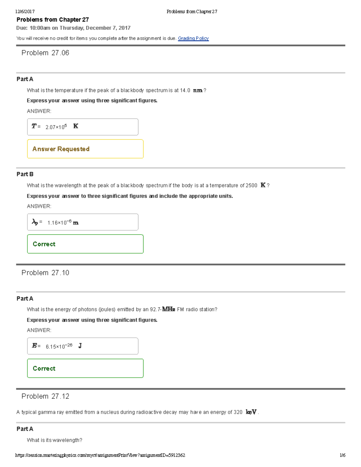 Problems from Chapter 27 - Problems from Chapter Due: 10:00am on ...