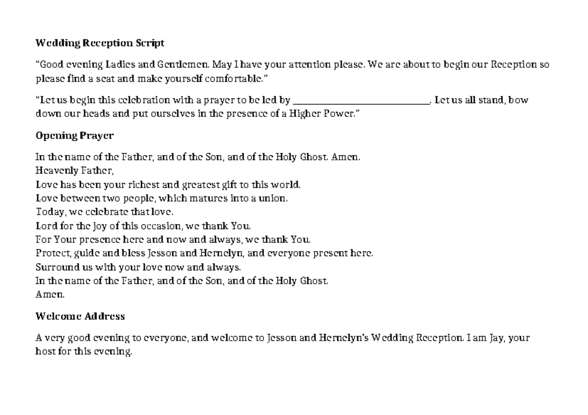 Wedding Reception Script - Wedding Reception Script “Good evening ...
