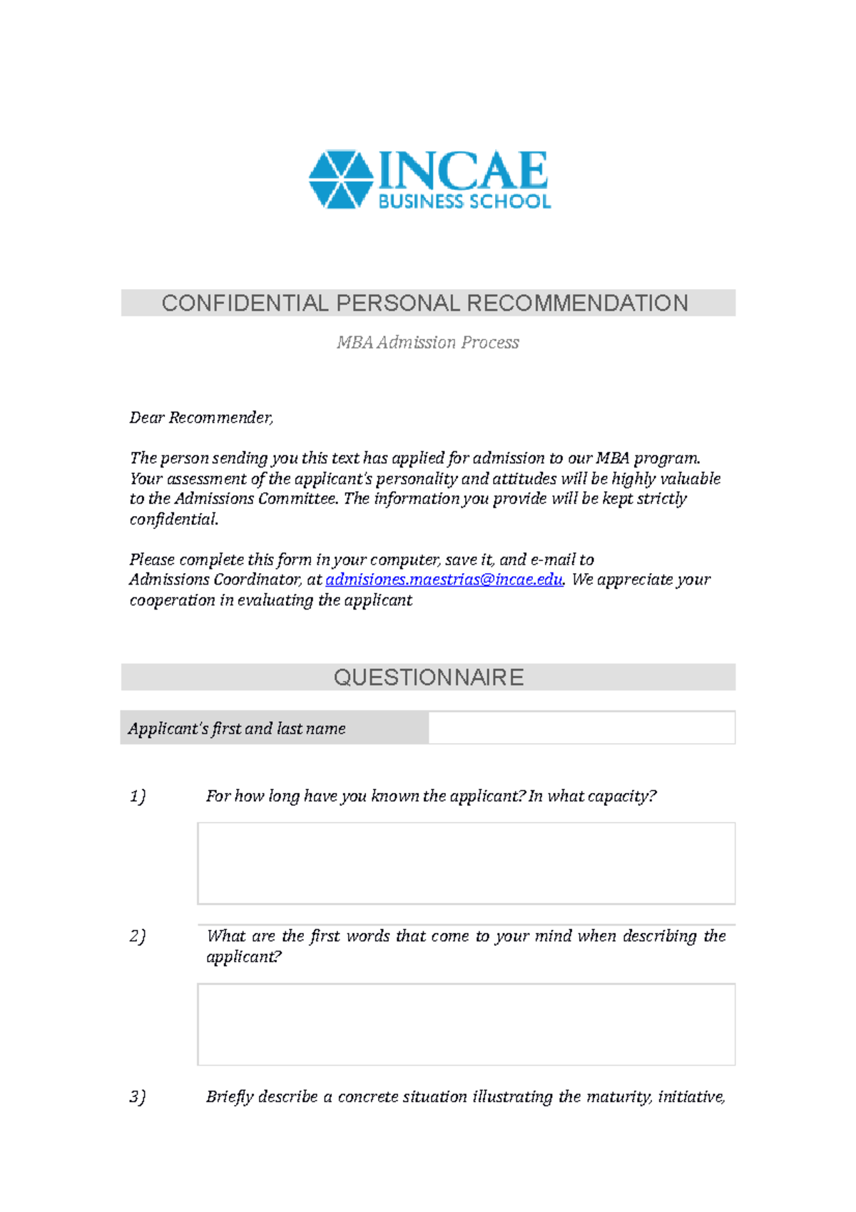 Incae Recommendation letter MBA - CONFIDENTIAL PERSONAL RECOMMENDATION ...