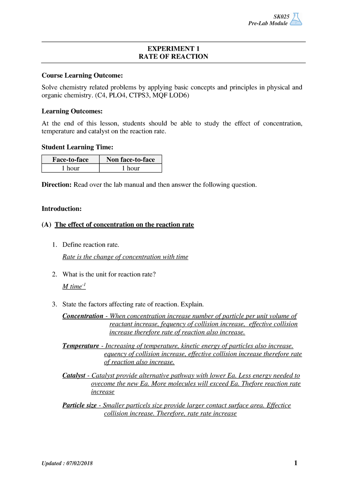 pre lab chemistry matriculation semester 1 experiment 1