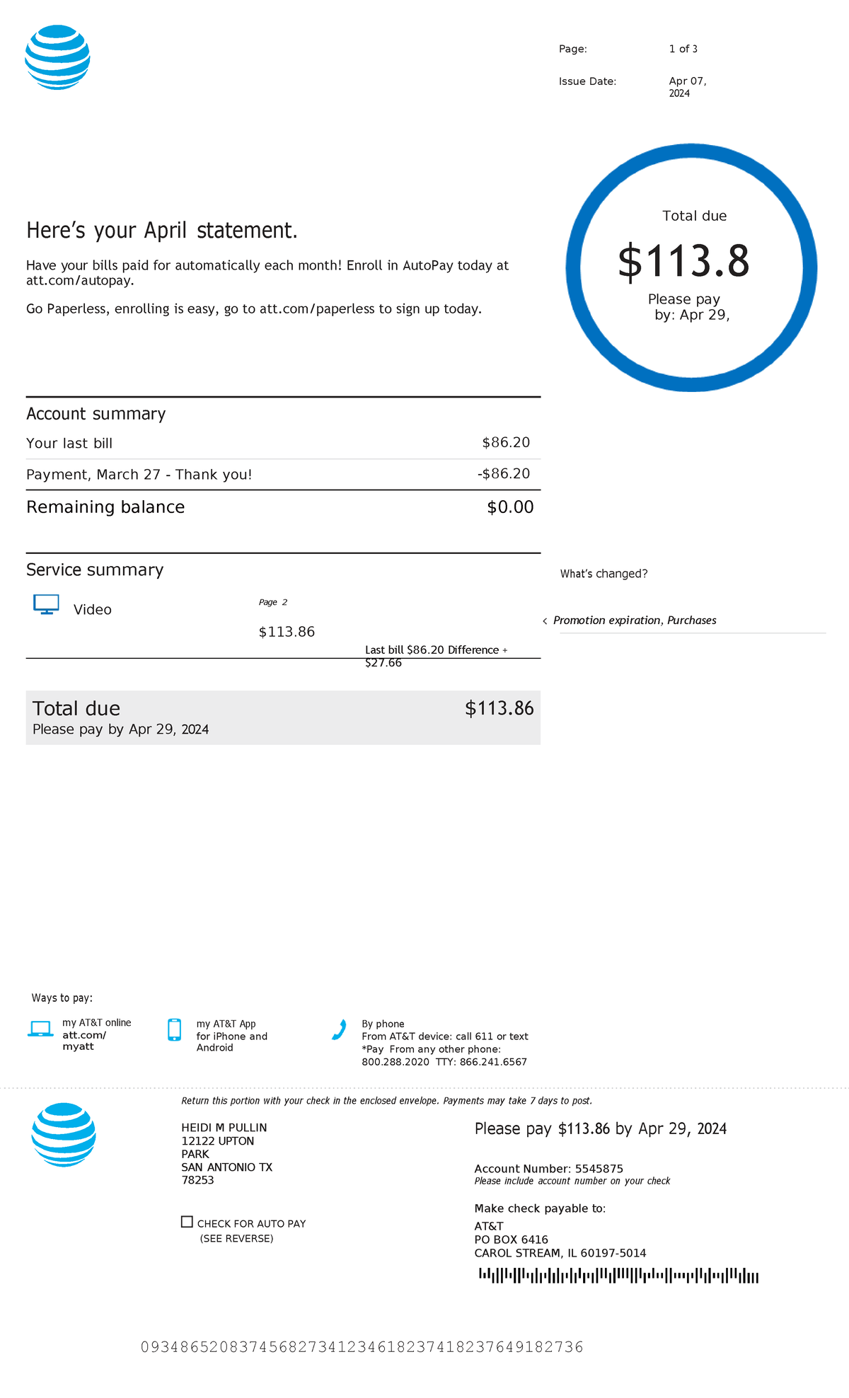 ATT BILL Here’s your April statement. Total due 113. 6 Have your