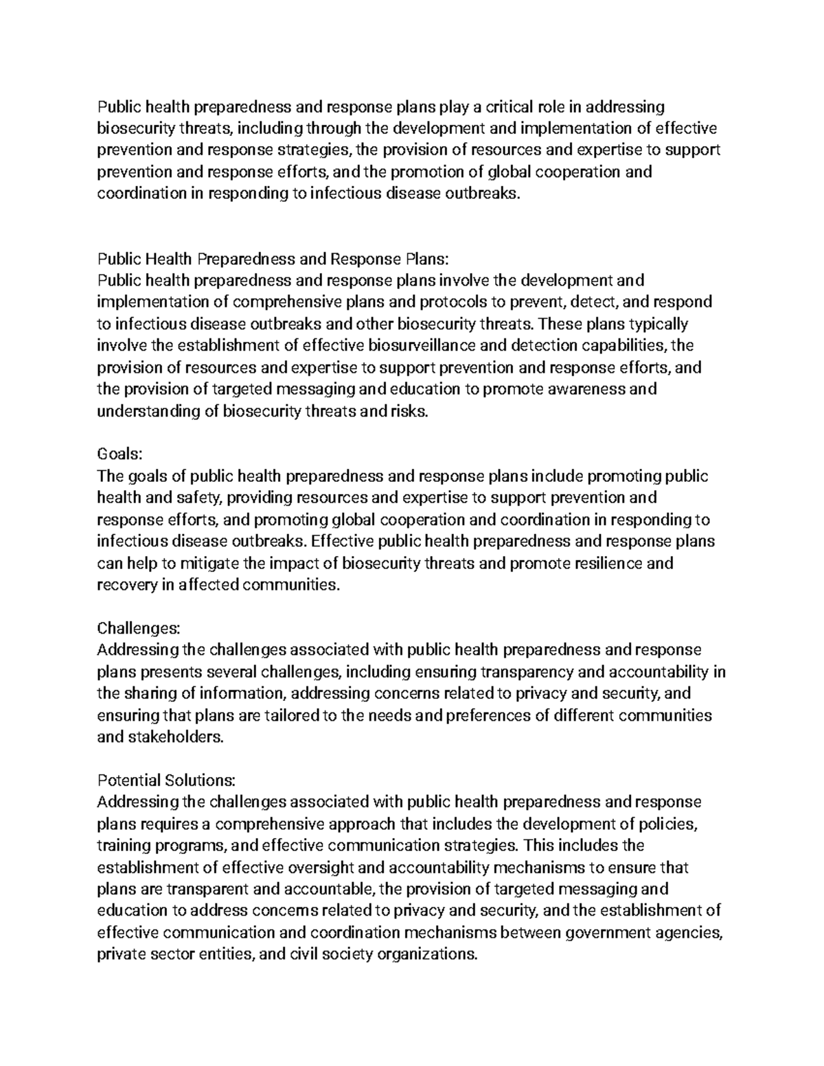Public Health Preparedness and Response Plans - Public Health ...