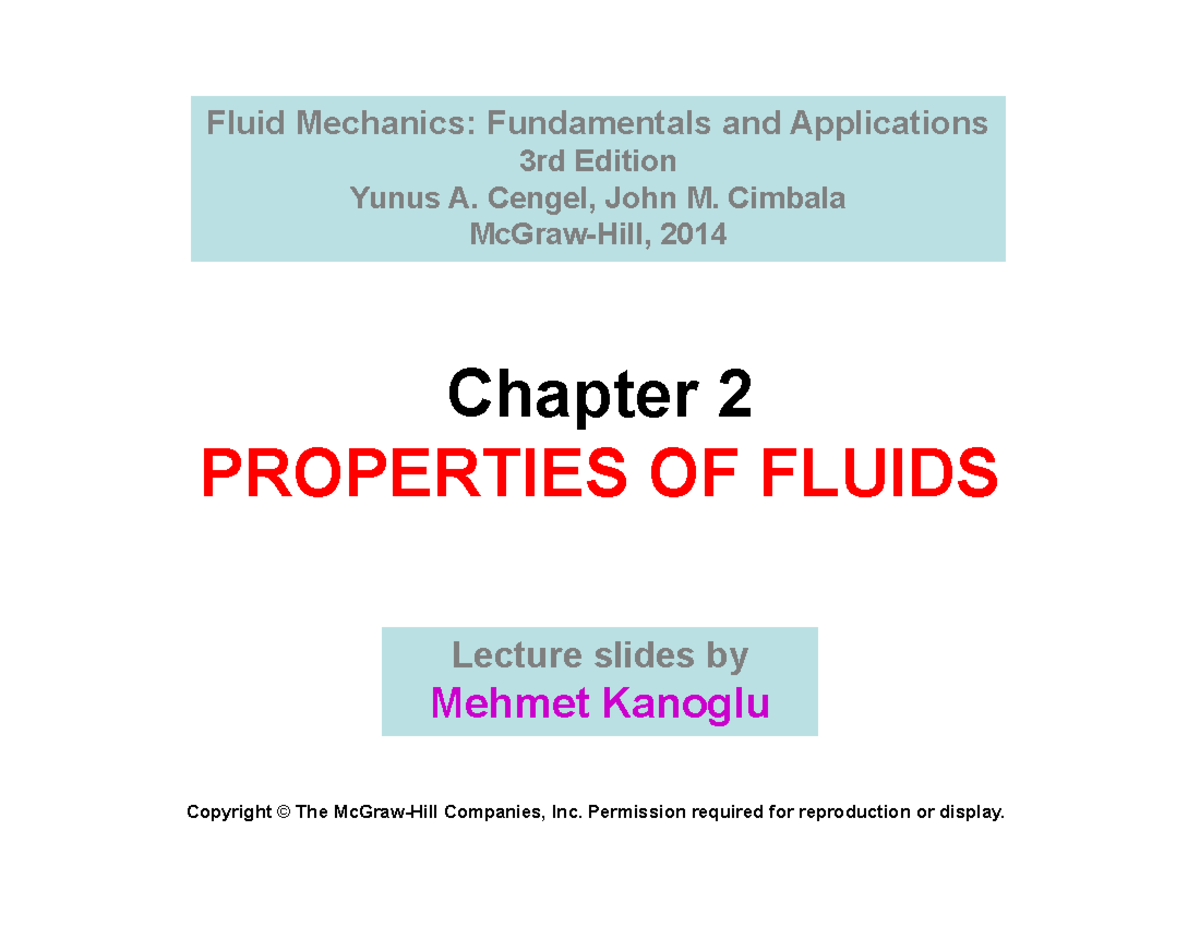 Slides Fluids Chapter 2 By Kanoglu FLUID STATICS - Chapter 2 PROPERTIES ...