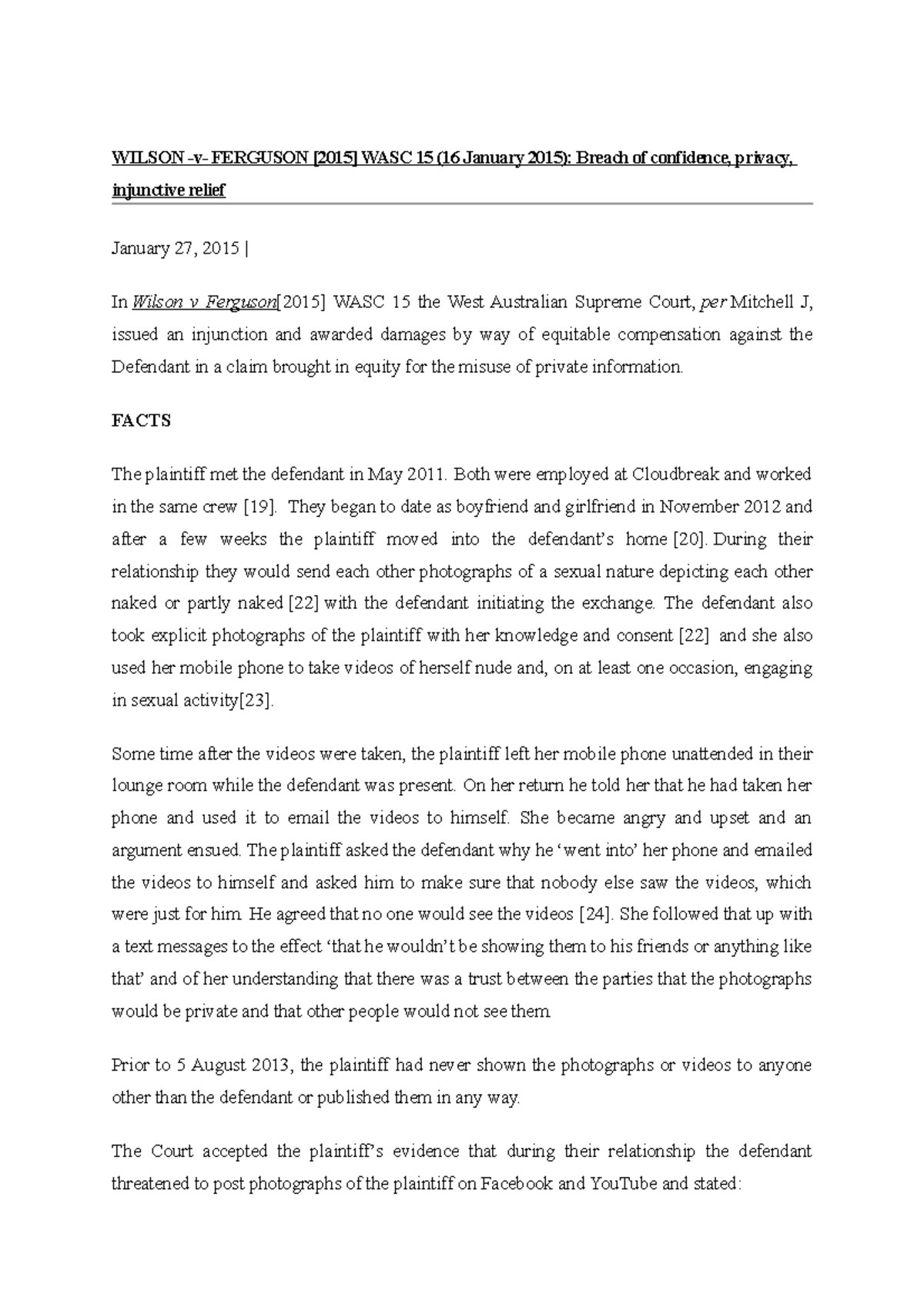 Wilson v Feruson summary 2015 WILSON v FERGUSON [2015] WASC 15 (16