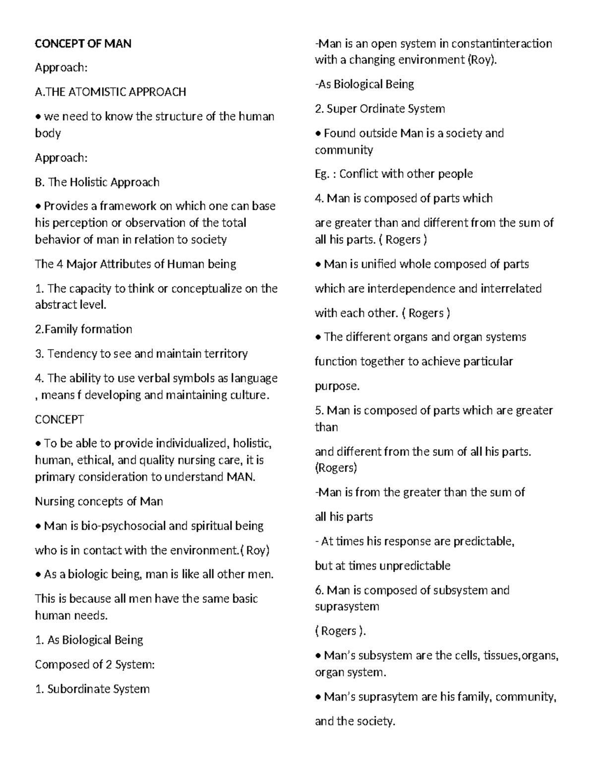 Concept OF MAN - notes - CONCEPT OF MAN Approach: A ATOMISTIC APPROACH ...