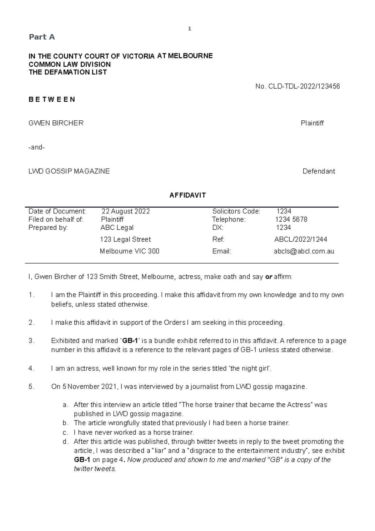 Ass 3 Affidavit - Part A IN THE COUNTY COURT OF VICTORIA AT MELBOURNE ...